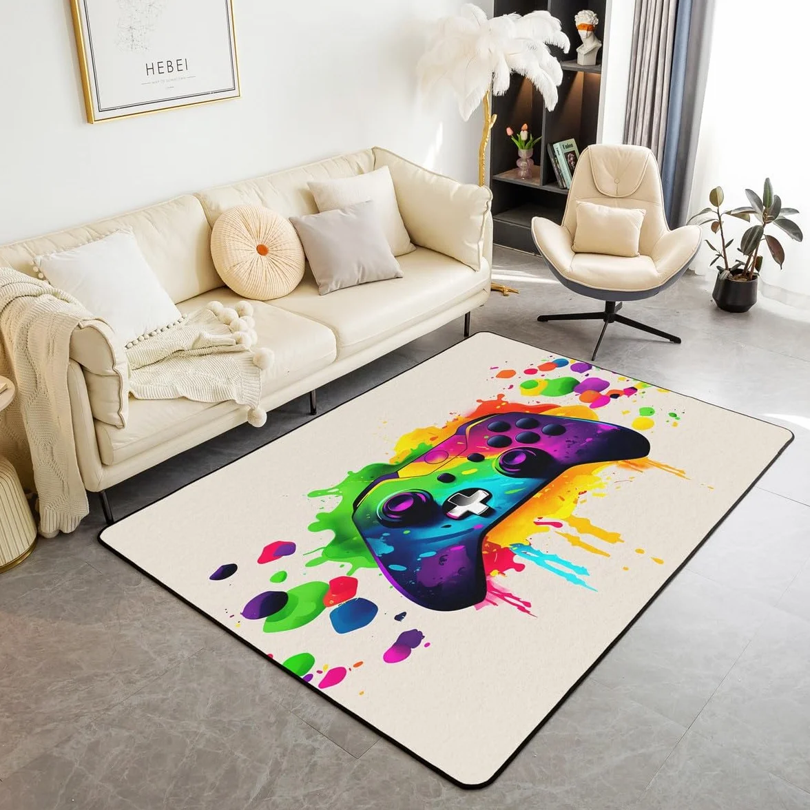 Loussiesd Dywan do salonu dla graczy, 150 x 200 cm, gamingowy dywan akcentujący dla chłopców, dziewcząt, nastolatków, nowoczesny kontroler konsoli do gier, mata podłogowa, joystick, beżowa,