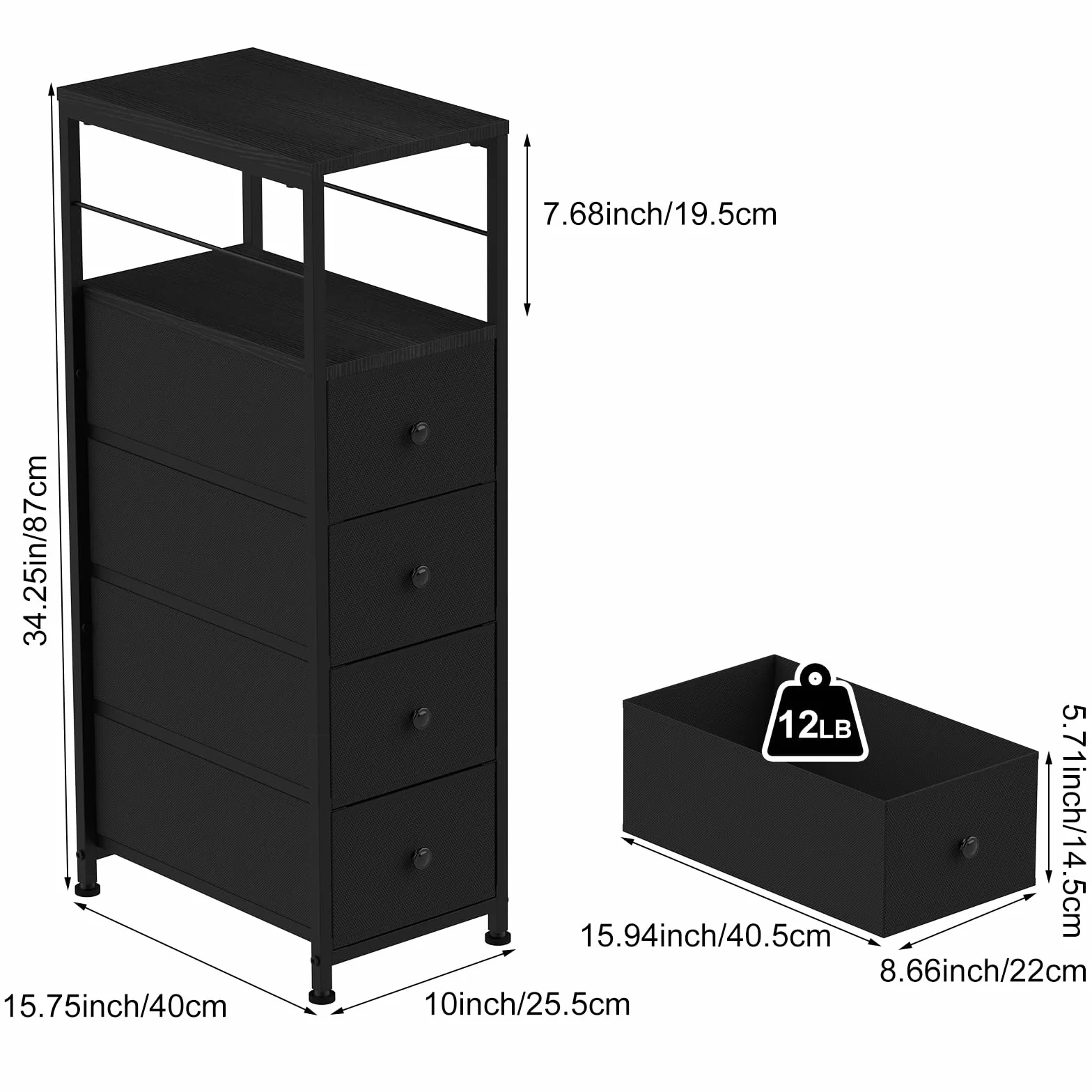 Komoda wąska szafka z 4 szufladami z materiału, szafa z szufladami, wieża do przechowywania, organizer do sypialni, salonu, kuchni, biura, korytarza, 87 x 40 x 25,4 cm, czarna