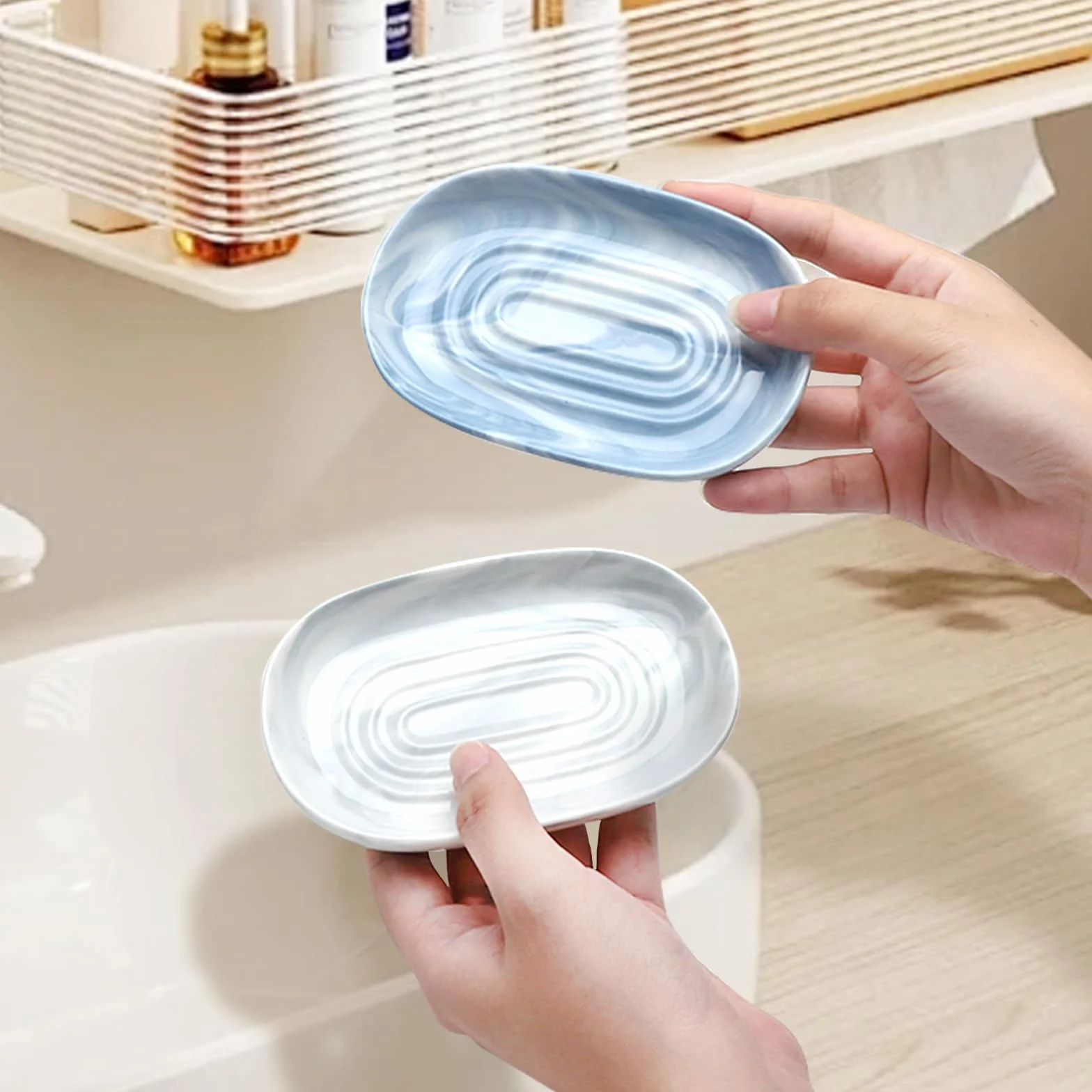 2 sztuki ceramicznej mydelniczki, antypoślizgowy uchwyt na mydło z marmuru, elegancki owalny wzór z antypoślizgowym dnem, pojemnik na mydło, dozownik mydła, podstawka na mydło do umywalki, łazienki