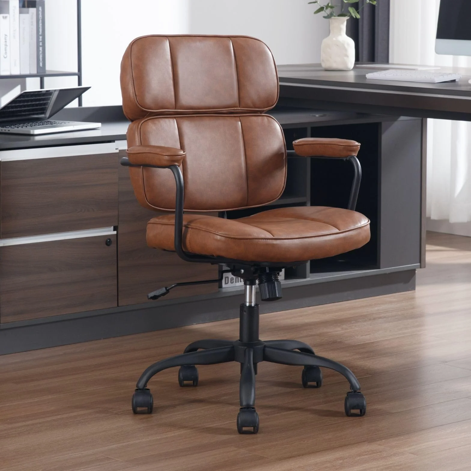 chairus Ergonomiczne obrotowe krzesło biurowe, ze skóry PU, regulowana wysokość, krzesło komputerowe do gabinetu (brązowe)