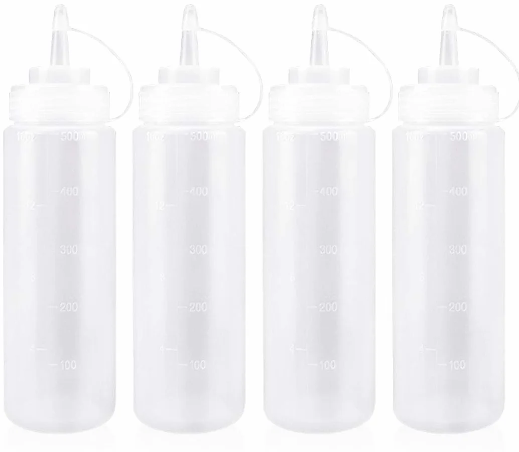 Butelka do wyciskania sosu 500 ml z nakrętką 4 szt. plastikowy dozownik do butelek do wyciskania przypraw, ketchupu, musztardy, Mayo, oliwy z oliwek, przezroczysty, 473 ml