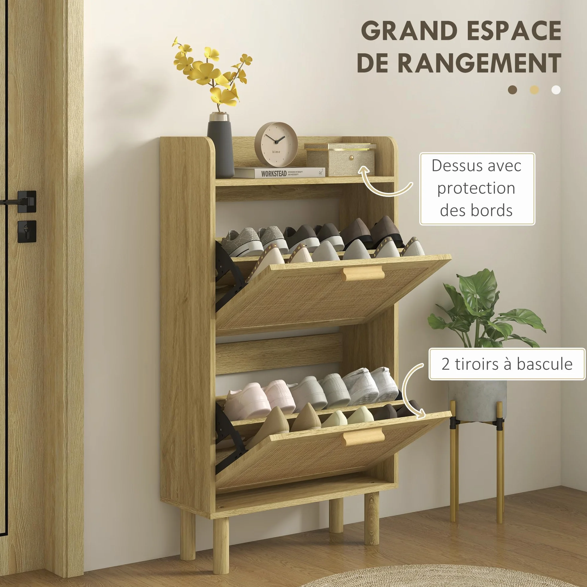 HOMCOM Szafka na buty, półka na buty, 2 drzwi opuszczane, 12 par, efekt plecionej żywicy boho design - niedz. 80 l x 24,5 l x 110H cm dąb