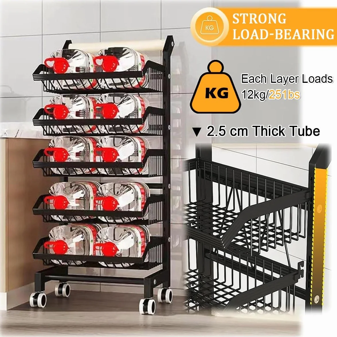 Display Rack,4-Tier Rolling Storage Cart With Wheels,Adjustable Metal Fruit & Vegetable Basket Organizer With Wood Handle,Mesh Wire Utility Rack For Kitchen,Food Sto(Black,5 Tier)