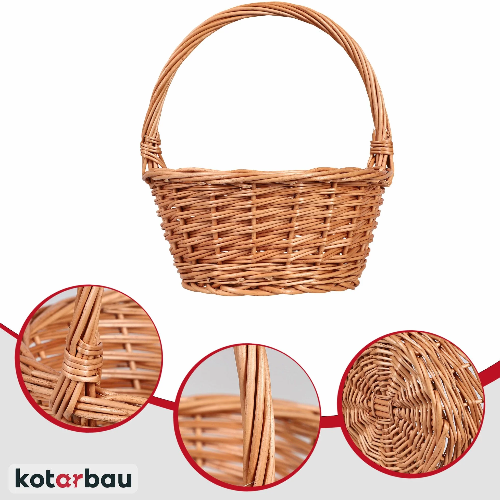 KOTARBAU® Koszyk wiklinowy wielkanocny z rączką owalny brązowy 32x27,5x31 cm Koszyk wielkanocny wiklinowy z rączką dla dzieci koszyki wiklinowe koszyki grzybowe