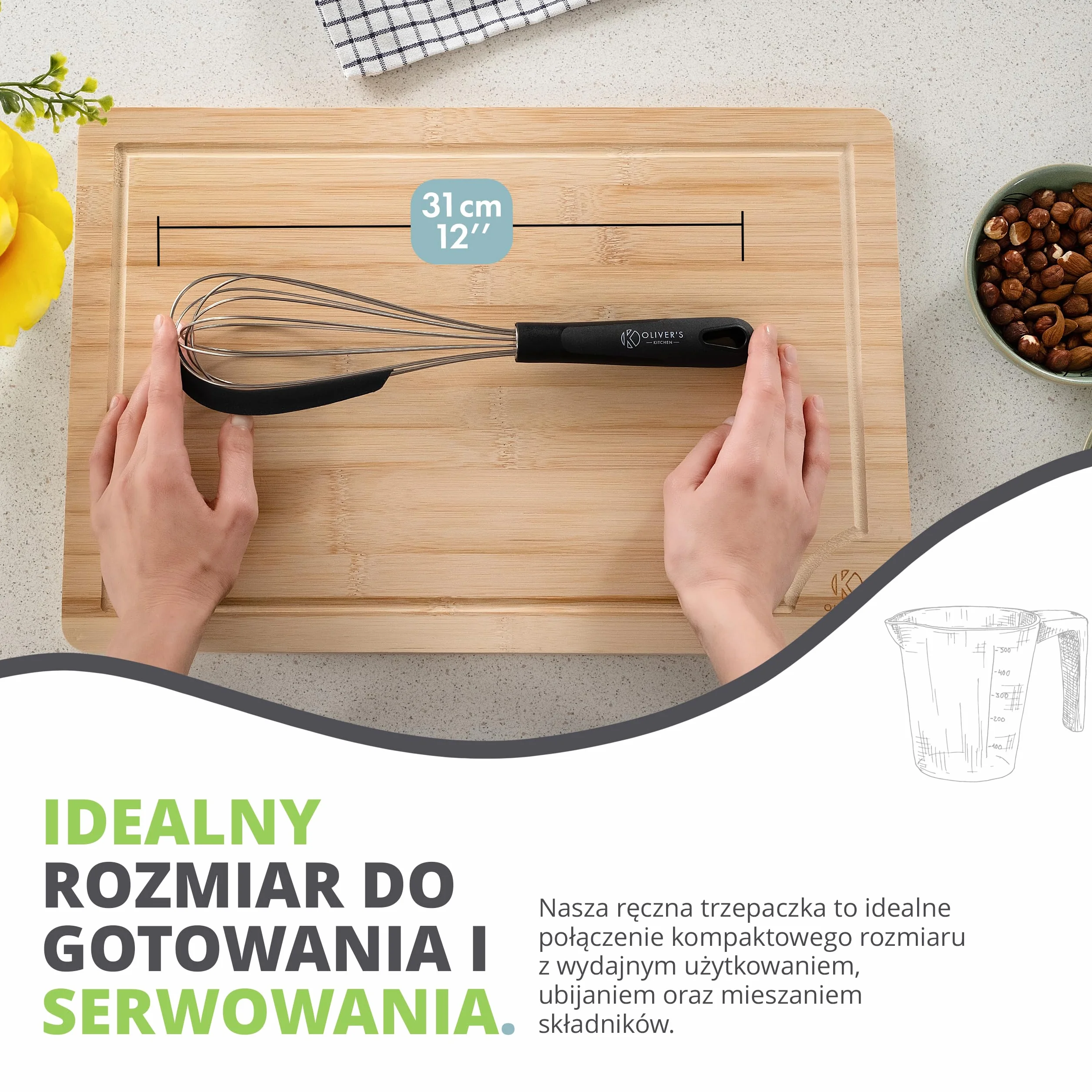 Oliver's Kitchen ® Trzepaczka do Jajek z Silikonowym Skrobakiem – Ubijaczka do Mleka Idealna do Gotowania i Pieczenia w Domu – Trzepaczka Kuchenna do Ubijania Piany, Masła, Białek – Wygodna Rączka