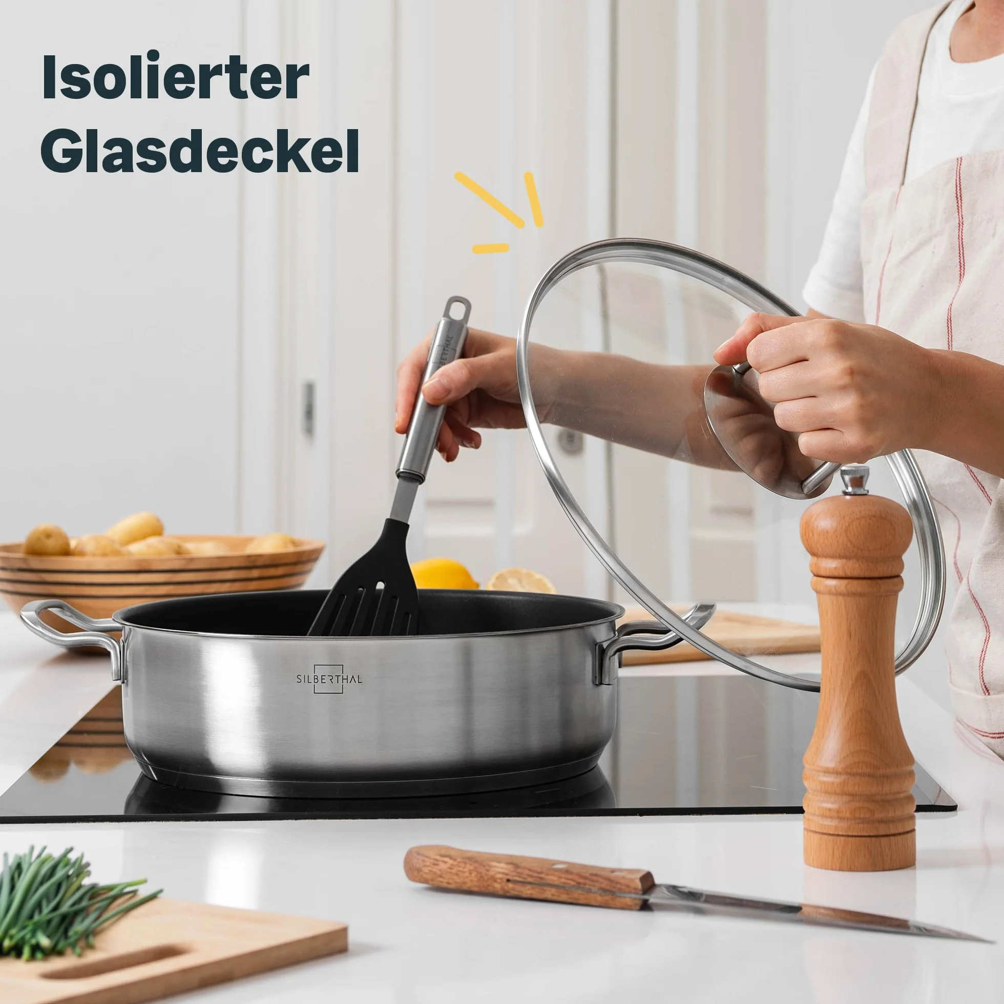 SILBERTHAL Pokrywa patelni 28 cm – uniwersalne zastosowanie – szkło, stal szlachetna – pokrywka do patelni, patelni do serwowania lub wok