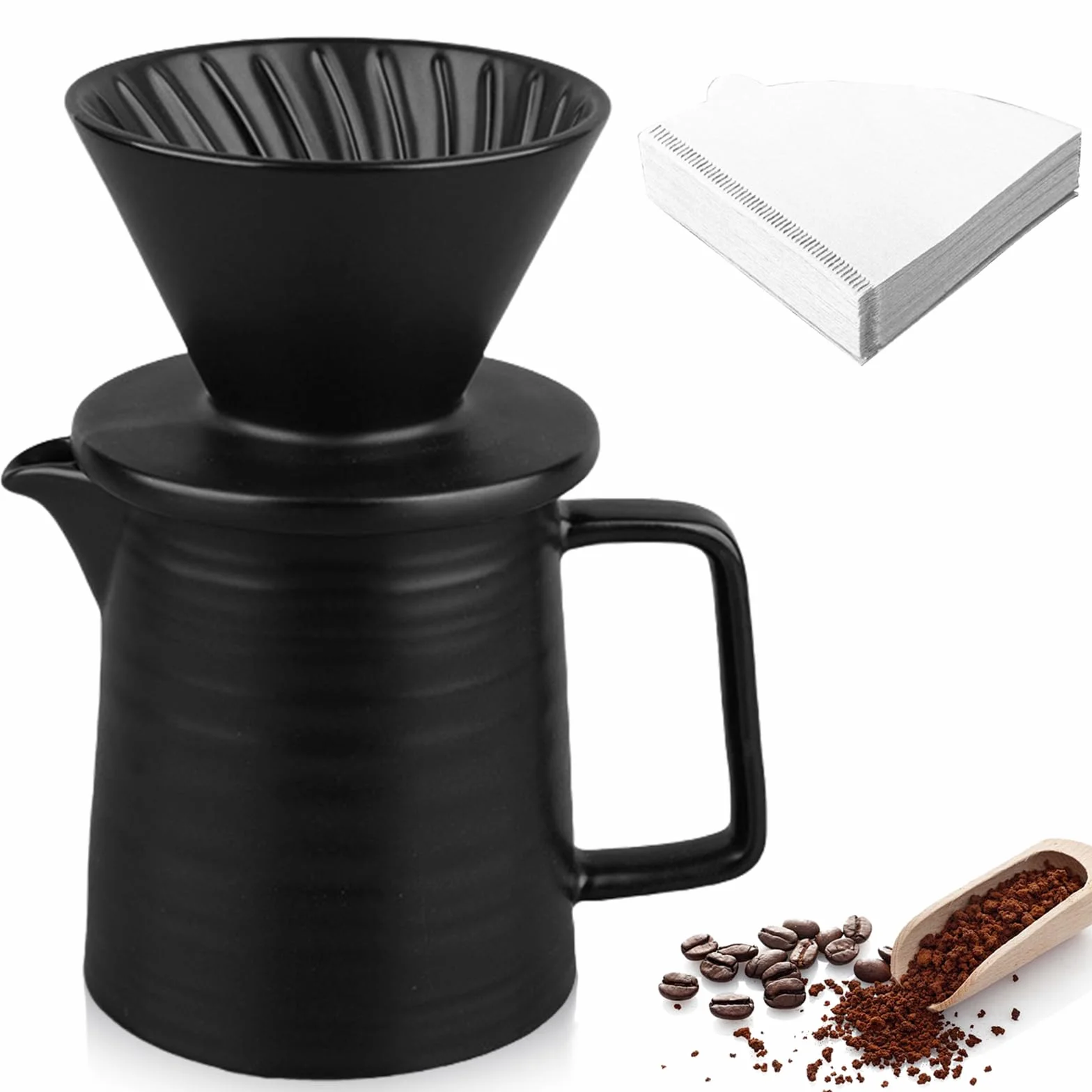 Leikurvo Dla Over ekspres do kawy z tłokiem, 450 ml, porcelanowy filtr do kawy z kubkiem i 100 filtrami papierowymi, ceramiczna kropla do kawy, ręczny ekspres do kawy, do domu, biura