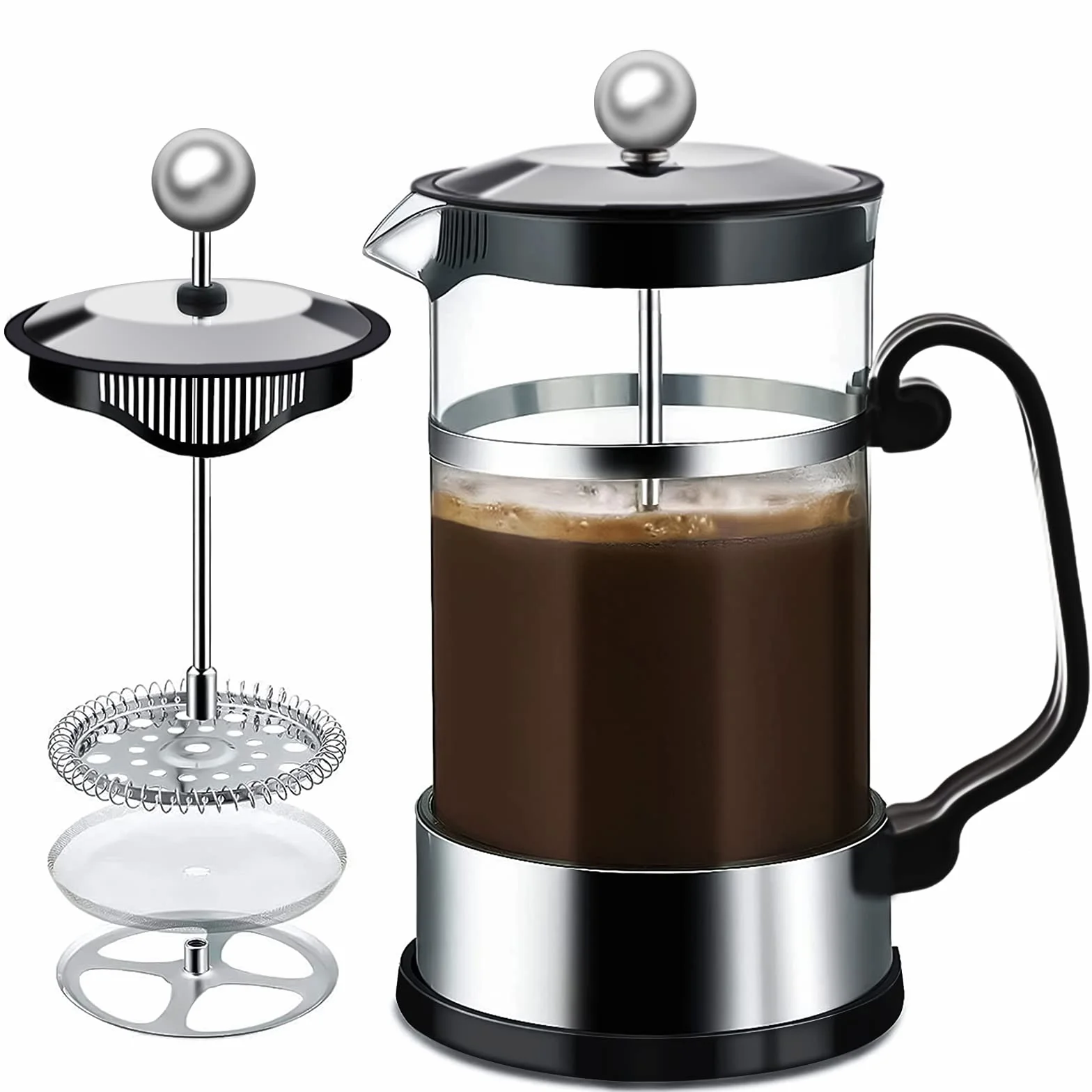 French Press zaparzacz do kawy z filtrem ze stali nierdzewnej 1000 ml, dzbanek do kawy, ze szkła (czarny)