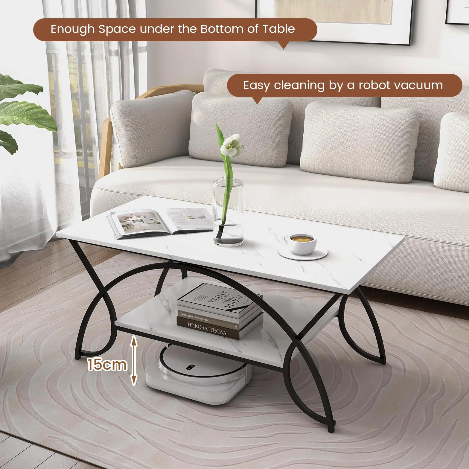 GIANTEX Stolik kawowy marmurowy czarny 100 x 50 x 45 cm metalowe nogi 2 półki