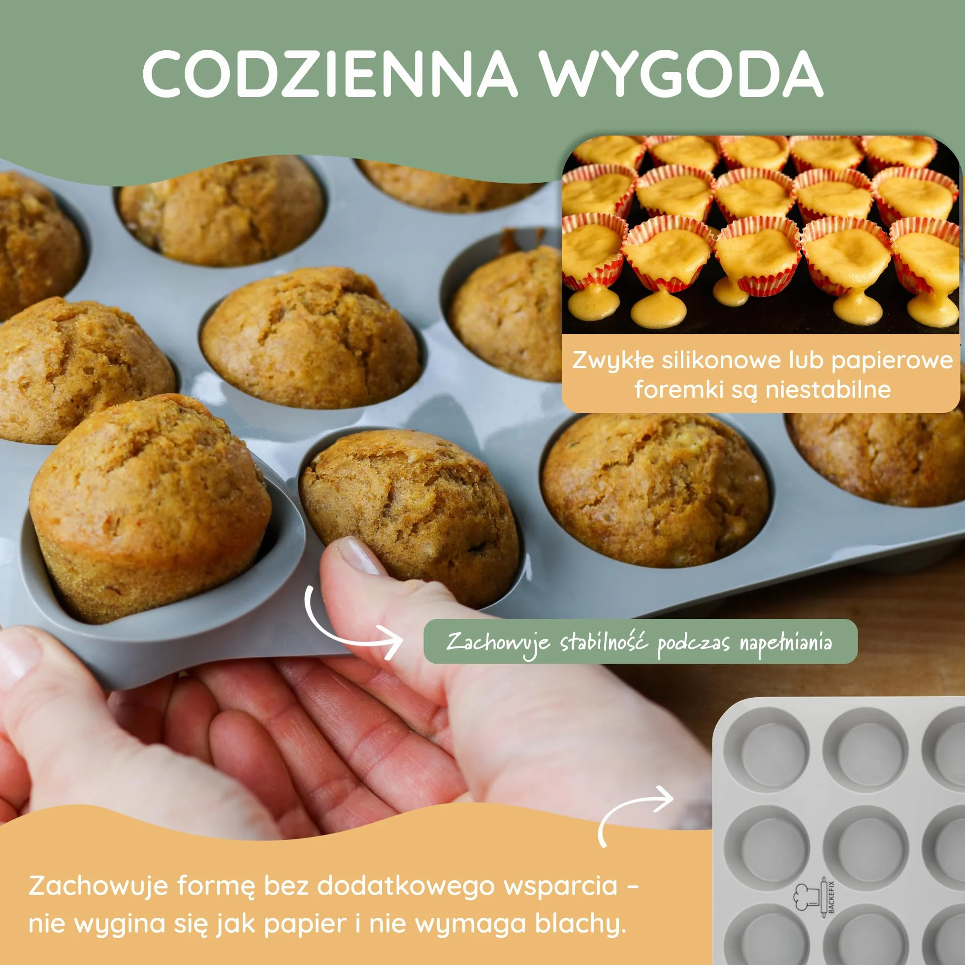 Backefix elastyczna silikonowa forma do muffinek (12 szt.) – forma na muffiny z platynowego silikonu, nieprzywierająca, do zmywarki, bez BPA i PFAS, dla równomiernych muffinów, babeczek i cupcakes