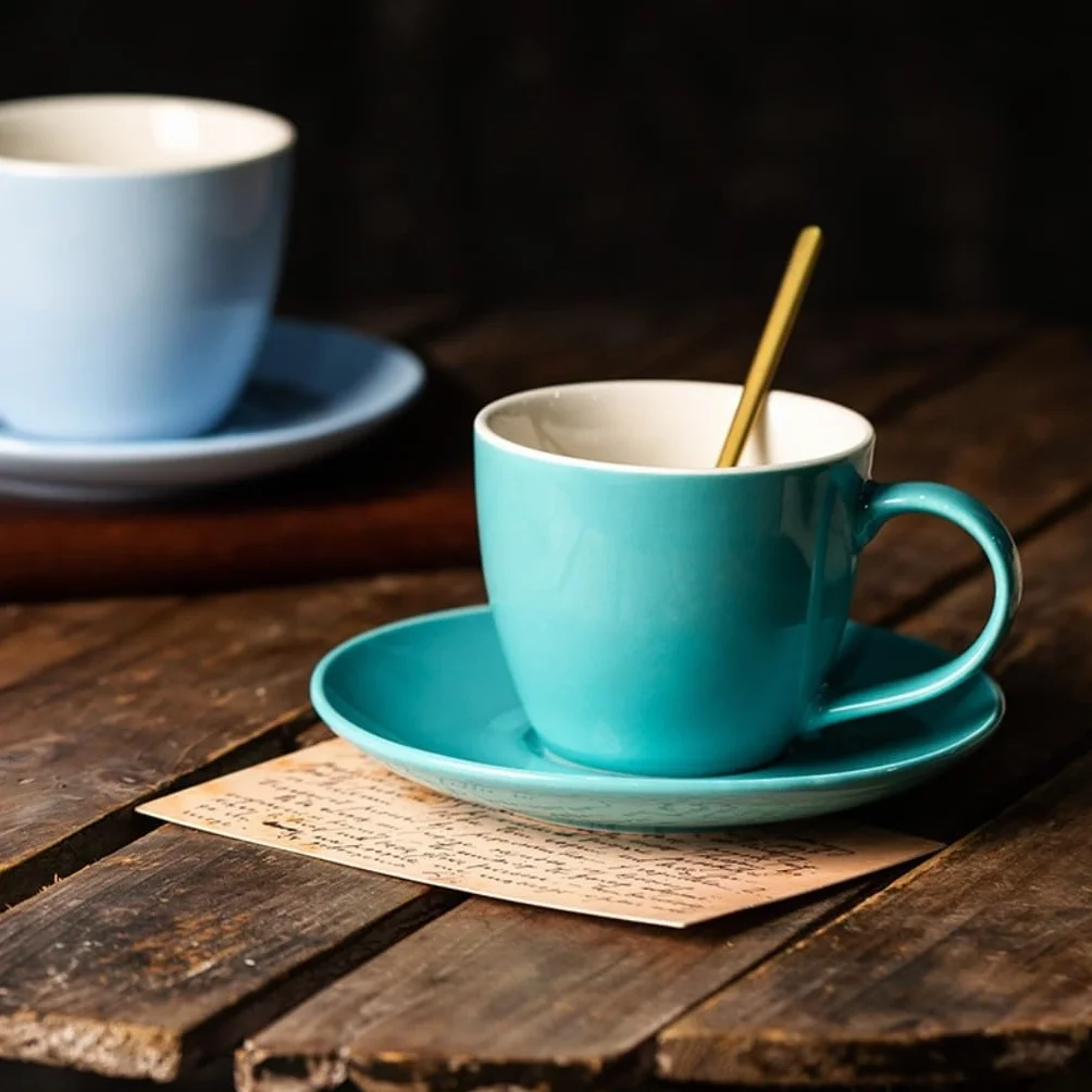 porcelanowa filiżanka i spodek, filiżanka do kawy, Prosty kolorowy szkliwiony kubek do herbaty z kwiatami, ceramiczny kubek do kawy parzonej ręcznie i spodek w pudełku prezentowym(5)