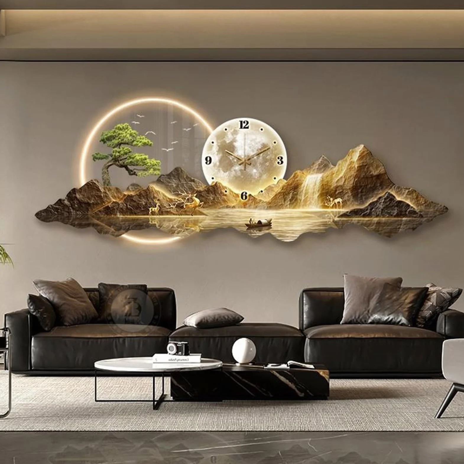 Rzeźby ścienne 3D, dekoracyjny zegar ścienny, nowoczesne obrazy krajobrazowe do salonu, sztuka sosnowa Feng Shui