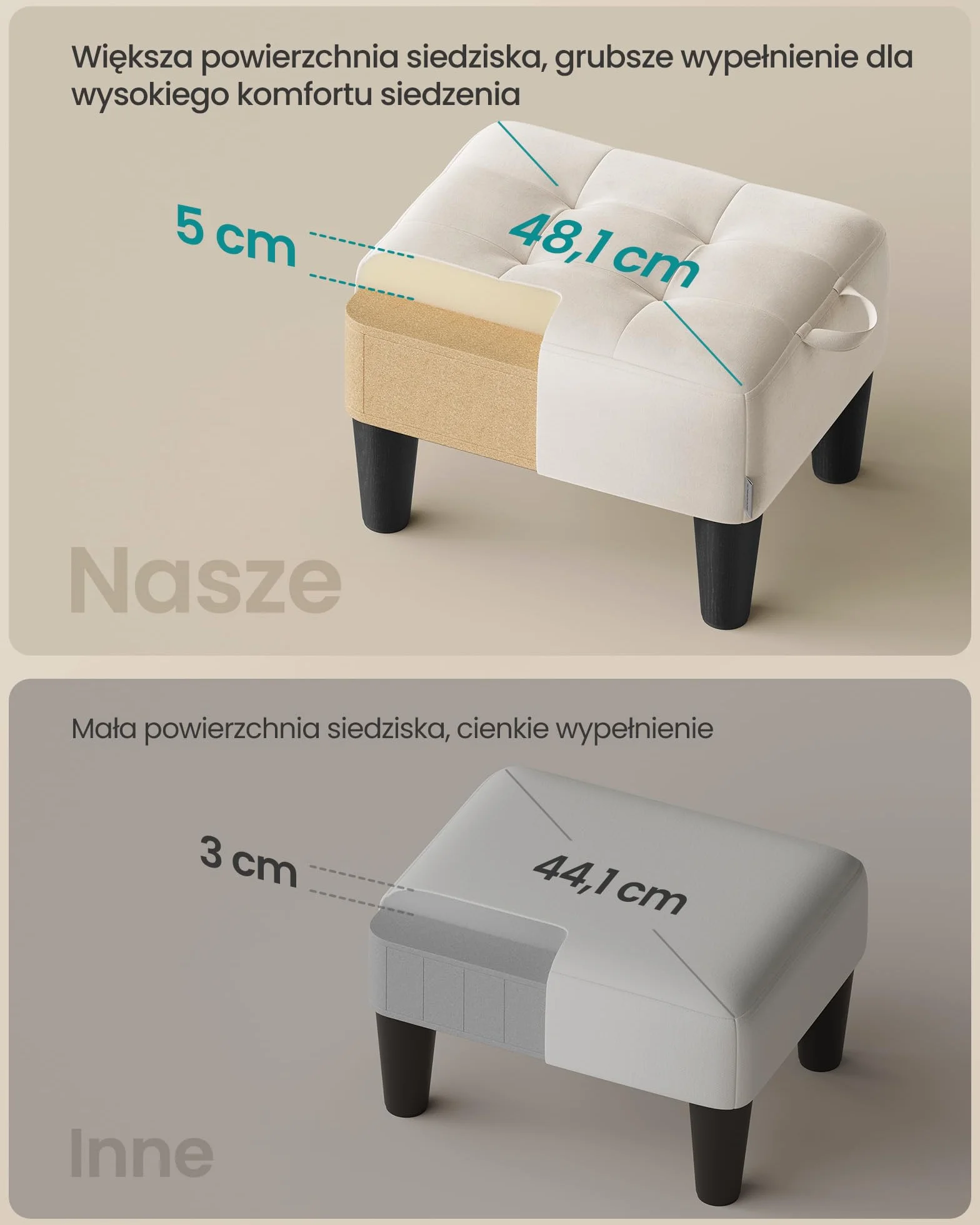 SONGMICS Aksamitny podnóżek, otomana, gruba wyściółka, nośność 150 kg, do salonu, sypialni, wejścia, beżowy cappuccino i tusz czarny LOM501W01