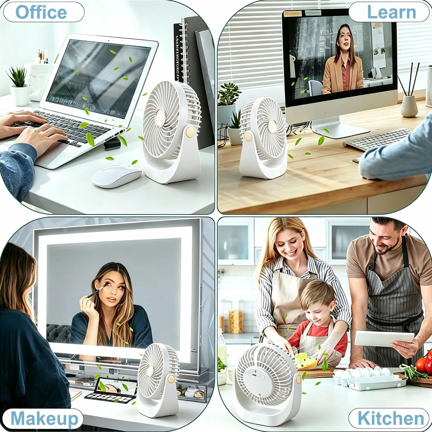 Wentylator biurkowy z lampką nocną, przenośny cichy wentylator z akumulatorem ładowanym przez USB, obrót o 360° - 5 ustawień prędkości - zdejmowane łopatki do łatwego czyszczenia, do sypialni, biura