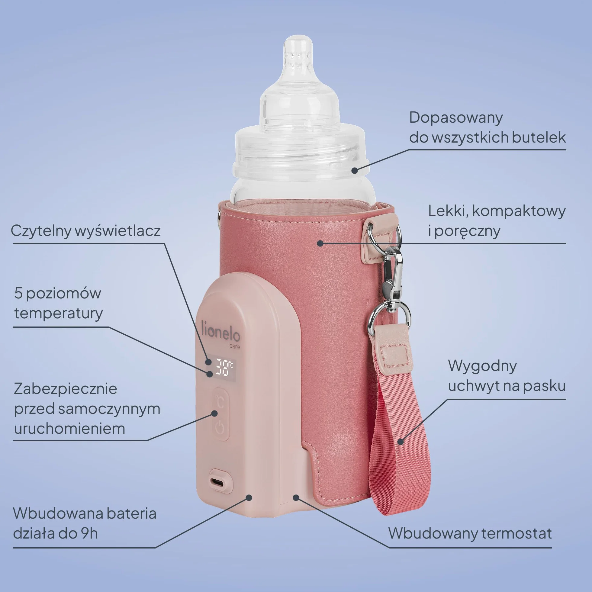 LIONELO Thermup Go Evo Przenośny Podgrzewacz do Butelek dla Niemowląt, Utrzymuje Ciepło Płynów, 5 Temperatur Pracy od 38 do 50o C Ładowanie USB-C, do 9h Pracy Wyświetlacz LCD (Różowy)