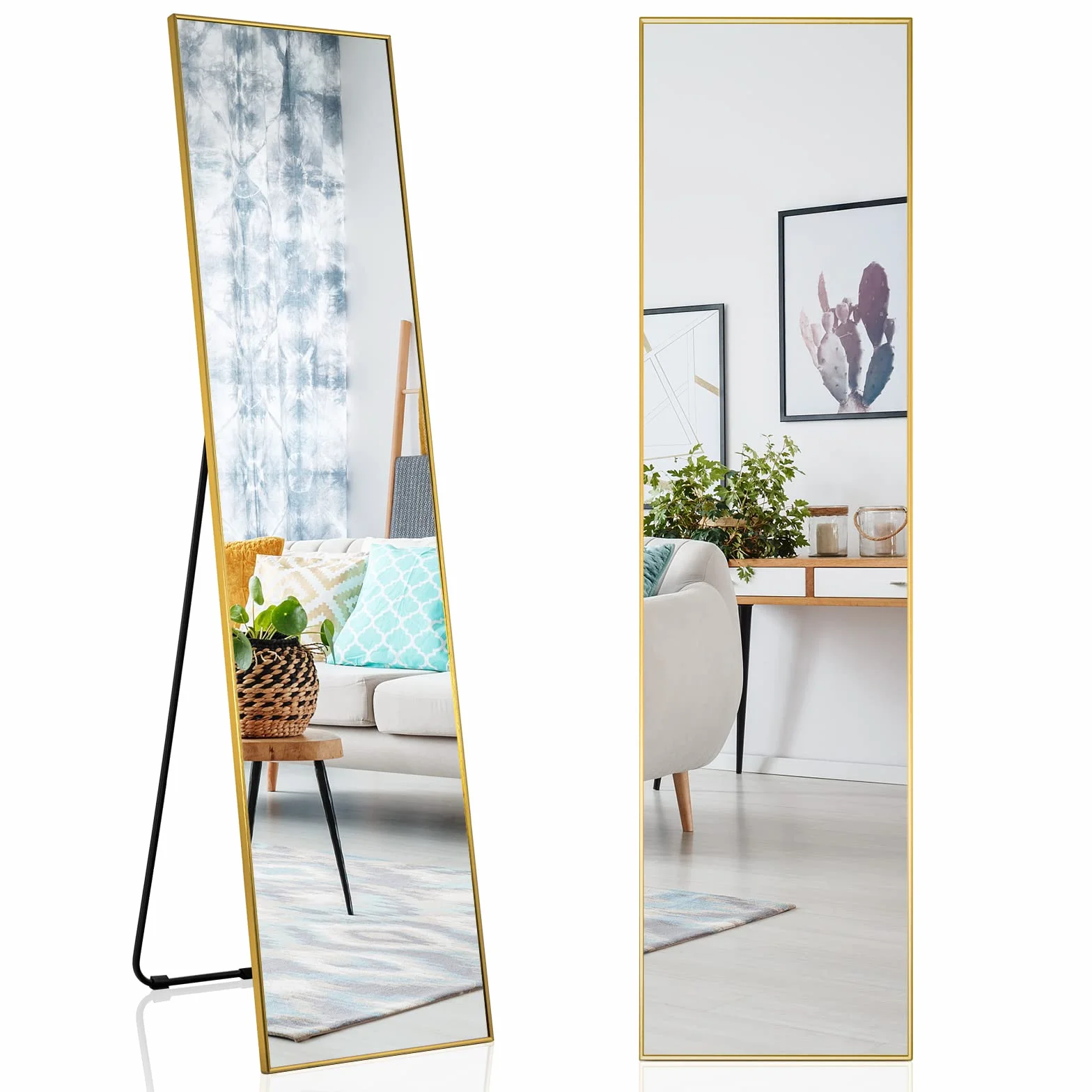 COSTWAY Lustro stojące i ścienne 2 w 1, 160 x 40 cm, do garderoby, do sypialni, salonu i wejścia (kolor złoty)