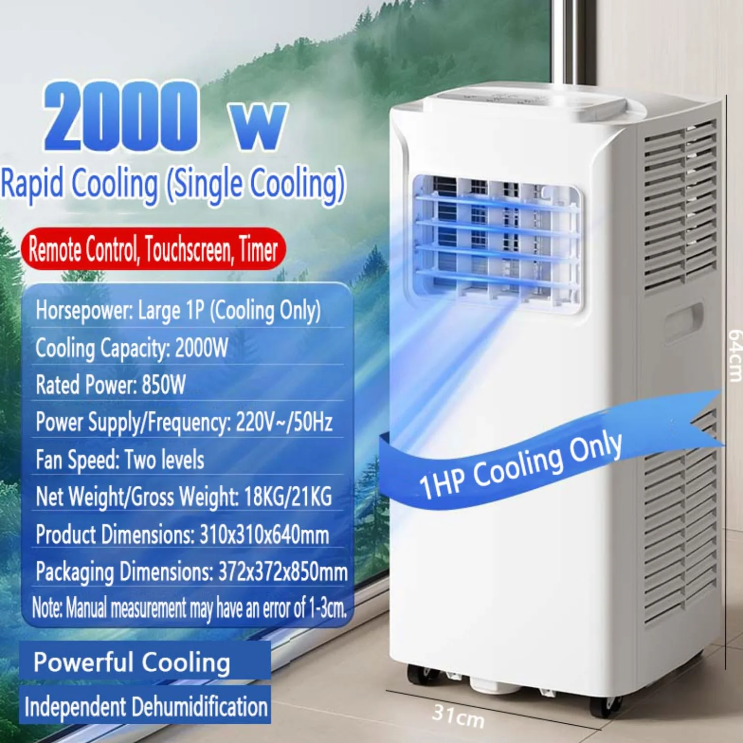 Przenośny klimatyzator 8000 BTU, chłodzi 300 m2, pilot, timer, zestaw instalacyjny, 2 prędkości, wentylator oscylacyjny