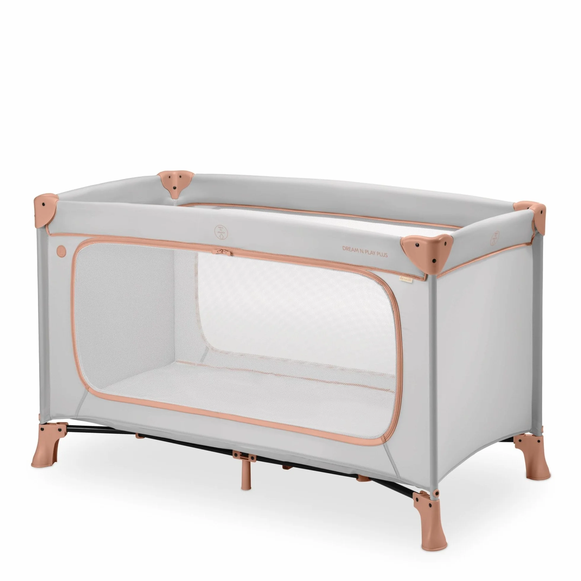 hauck Bebe Dream N Play Plus łóżko parasolowe, duży otwór boczny do zabawy, składany, kompaktowy, torba do przenoszenia, od urodzenia do 15 kg, Dusty Cork