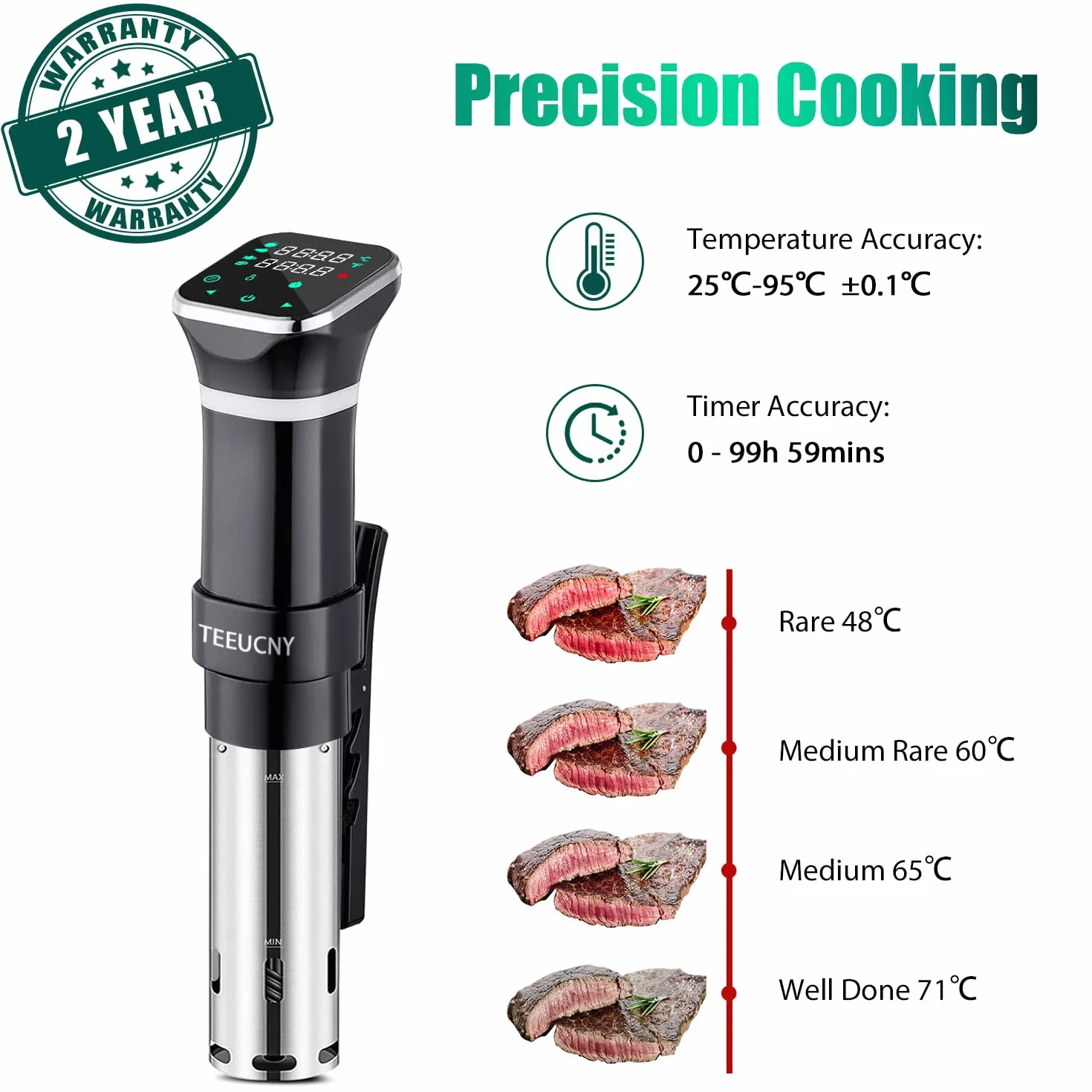 Sous Vide, TEEUCNY Sous-vide Stick precyzyjny garnek do gotowania 1100 W, cyrkulator zanurzeniowy, precyzyjne ustawienie temperatury, cyfrowy timer, ultra cichy, dotykowy wyświetlacz LCD, stal