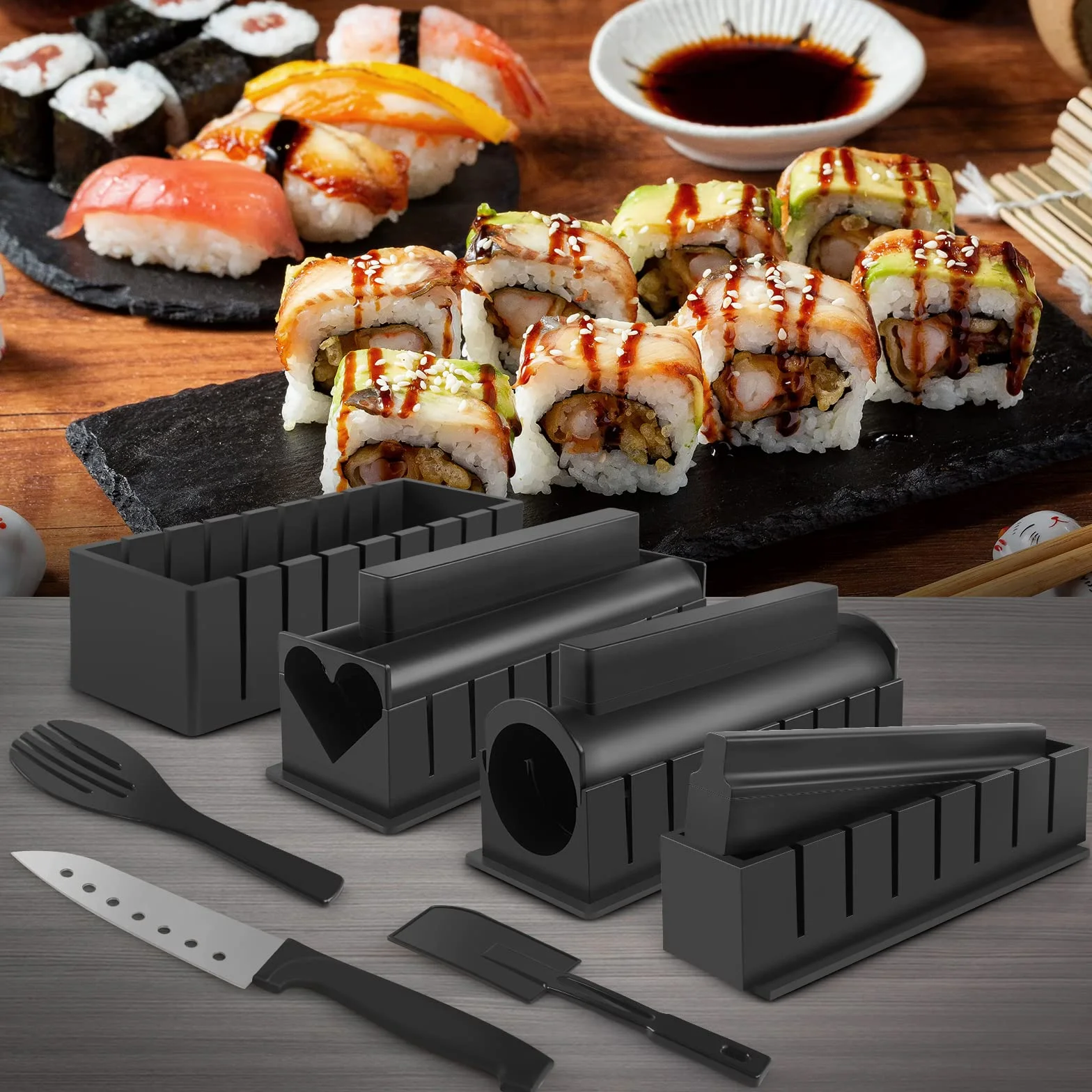 Zestaw do Robienia Sushi, 20 Elementów, Dla Początkujących, Samodzielnego Wykonania, Z Widelcem, Nożem, Matą do Rolkowania, Pałeczkami, Kompletny (Czarny)