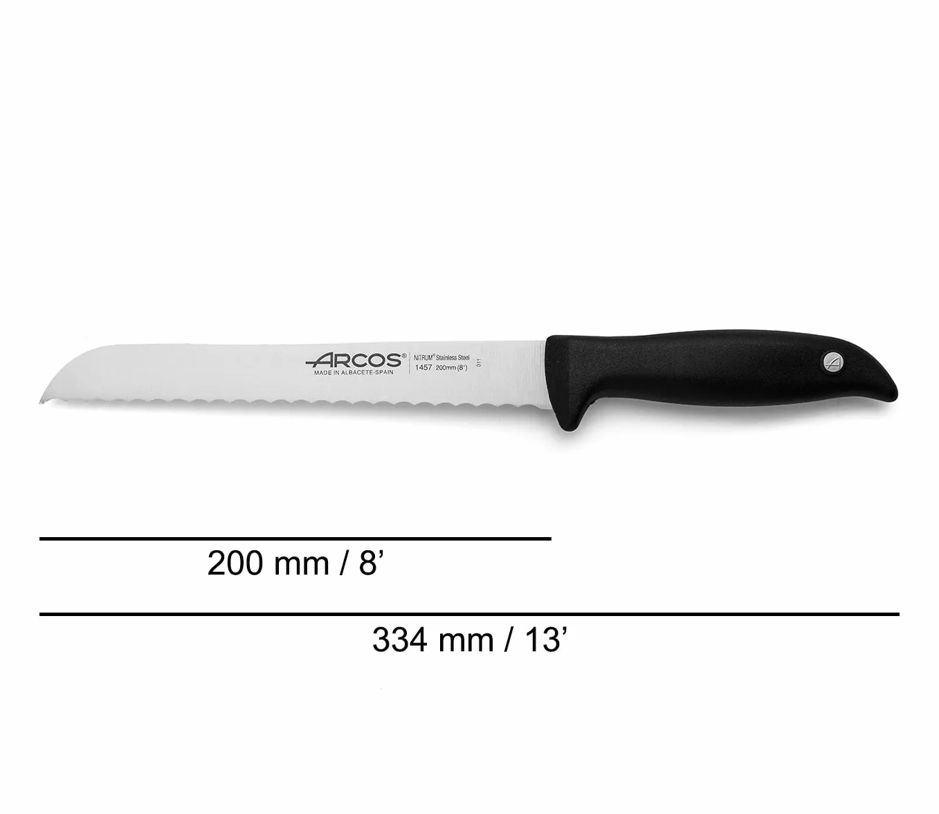Arcos Nóż do chleba 20 cm Nitrum ze stali nierdzewnej i ostrze 200 mm, uzyskaj dużą różnorodność cięć do jedzenia, idealny nóż do codziennego użytku domowego, seria Minorka, kolor czarny