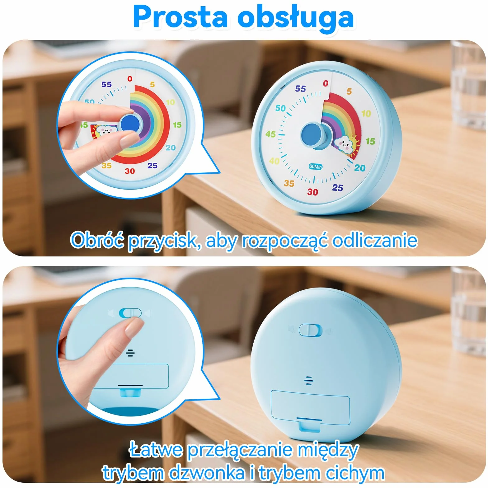 Wizualny timer dla dzieci i dorosłych, Rainbow Disk 60 Minute Countdown z trybami cichym i głośnym, narzędzie do zarządzania czasem (niebieski)