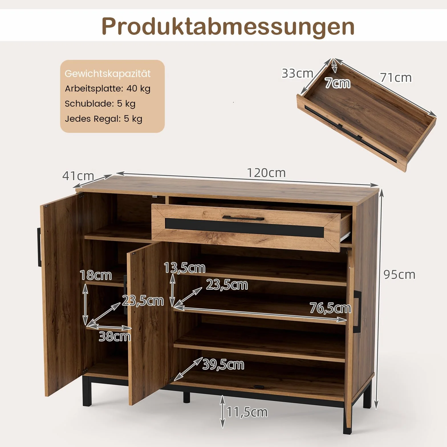 COSTWAY Kredens drewniany, szafka kuchenna z szufladą, 3 drzwi, wyjmowane półki, powierzchnia robocza 120 x 41 cm, szafka bufetowa do kuchni, jadalni, szafka do przechowywania, kolor naturalny +