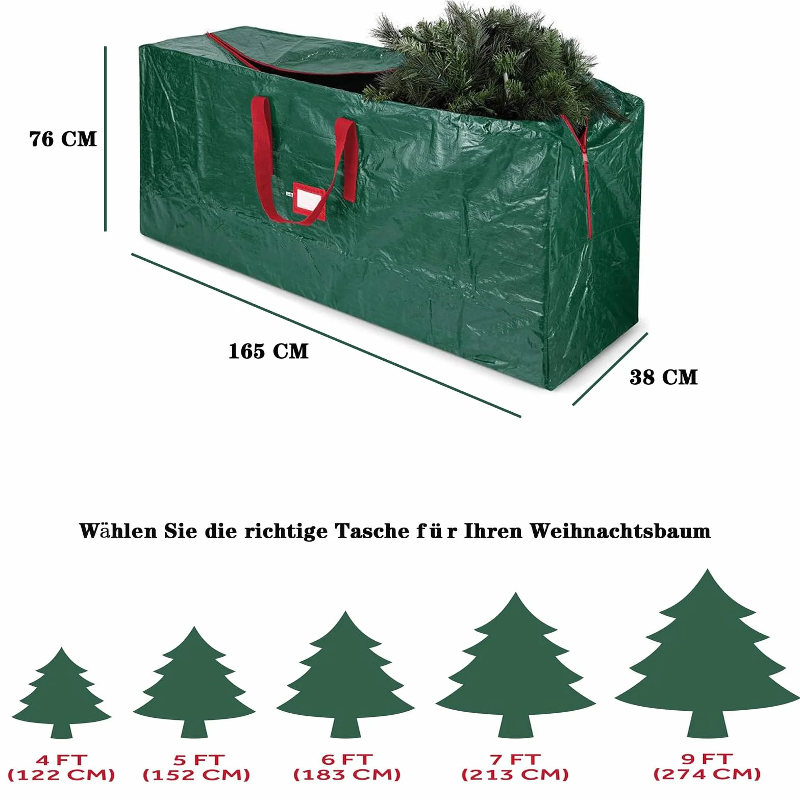 Pokrowiec na choinkę do 270 cm z zamkiem błyskawicznym i uchwytami do noszenia zielony L