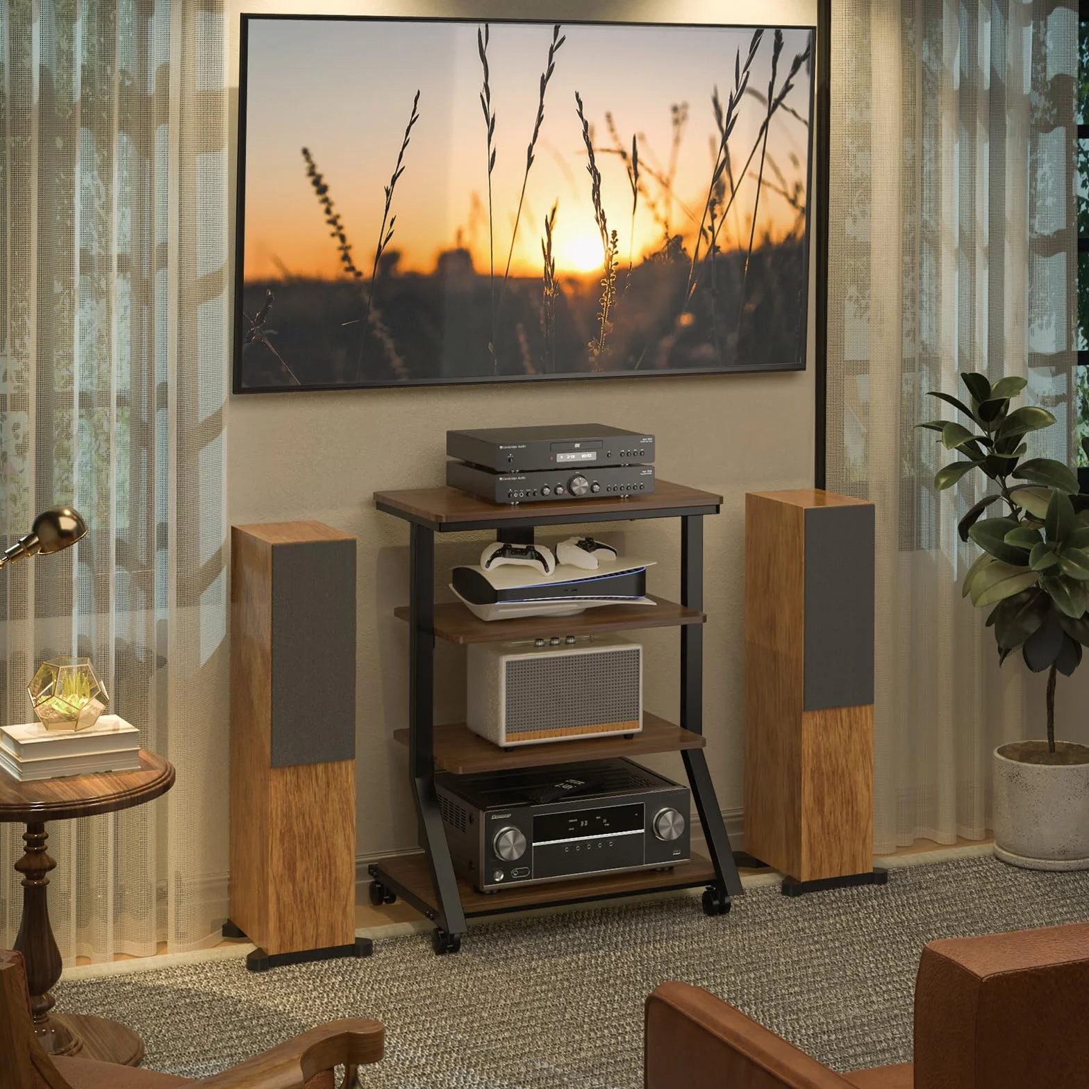 5Rcom Stojaki i stojaki HiFi stojak na audio, regał AV, stojak, 4 poziomy, drewniane półki na gramofon, odtwarzacz płyt DVD, jednostka rozrywkowa, wielofunkcyjna regulacja wysokości, nośność 54 kg