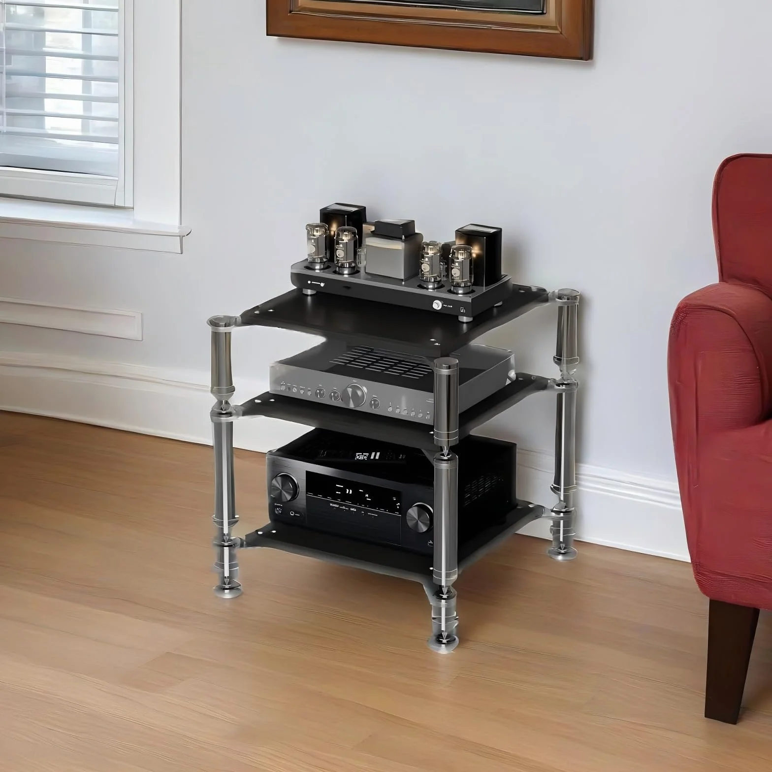AV Wielofunkcyjna półka narożna, centrum rozrywki dla wzmacniaczy HiFi i gier, solidny stojak do przechowywania wideo do salonu, nowoczesny biały design, 41 cm