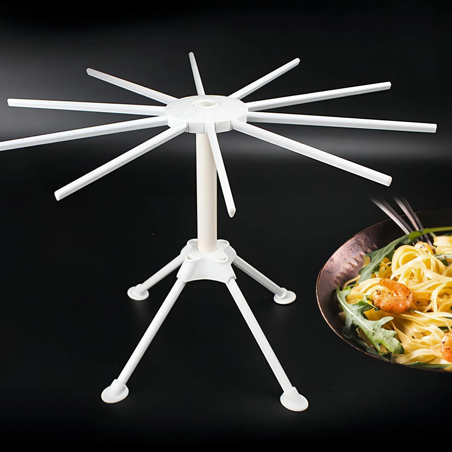 Bugucat Suszarka do makaronu, suszarka do makaronu, stojak z 10 wysuwanymi szczeblami na makaron, filiżanki, ręczniki, zintegrowany pręt transportowy, składana suszarka do spaghetti, suszarka do