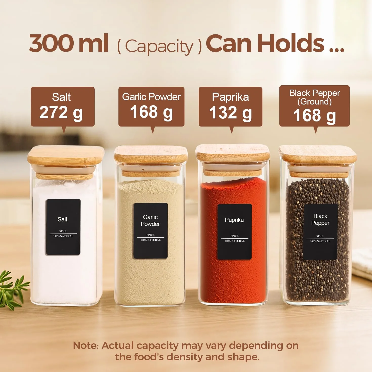ComSaf 12 Stuks Glazen Kruidenpotjes met Bamboe Deksel – 300 ml Vierkante Voorraadpotten met 275 Etiketten, Luchtdicht Bewaren voor Kruiden en Specerijen, Bakpoeder, Cacao, Specerijenmixen en Snacks