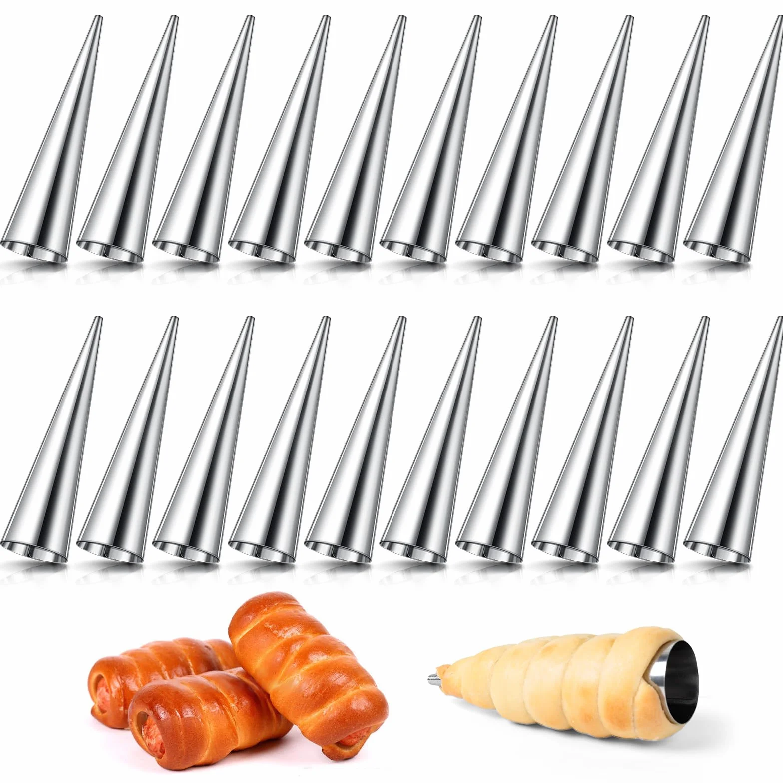 AiQInu Cannoli Formy 20 szt. Stożki ze stali nierdzewnej do rogalików formy do ciasta kremowy róg ciasto chleb forma - kannoli formy do formowania kremu, foremki do cannoli, rogaliki, liście, żelat