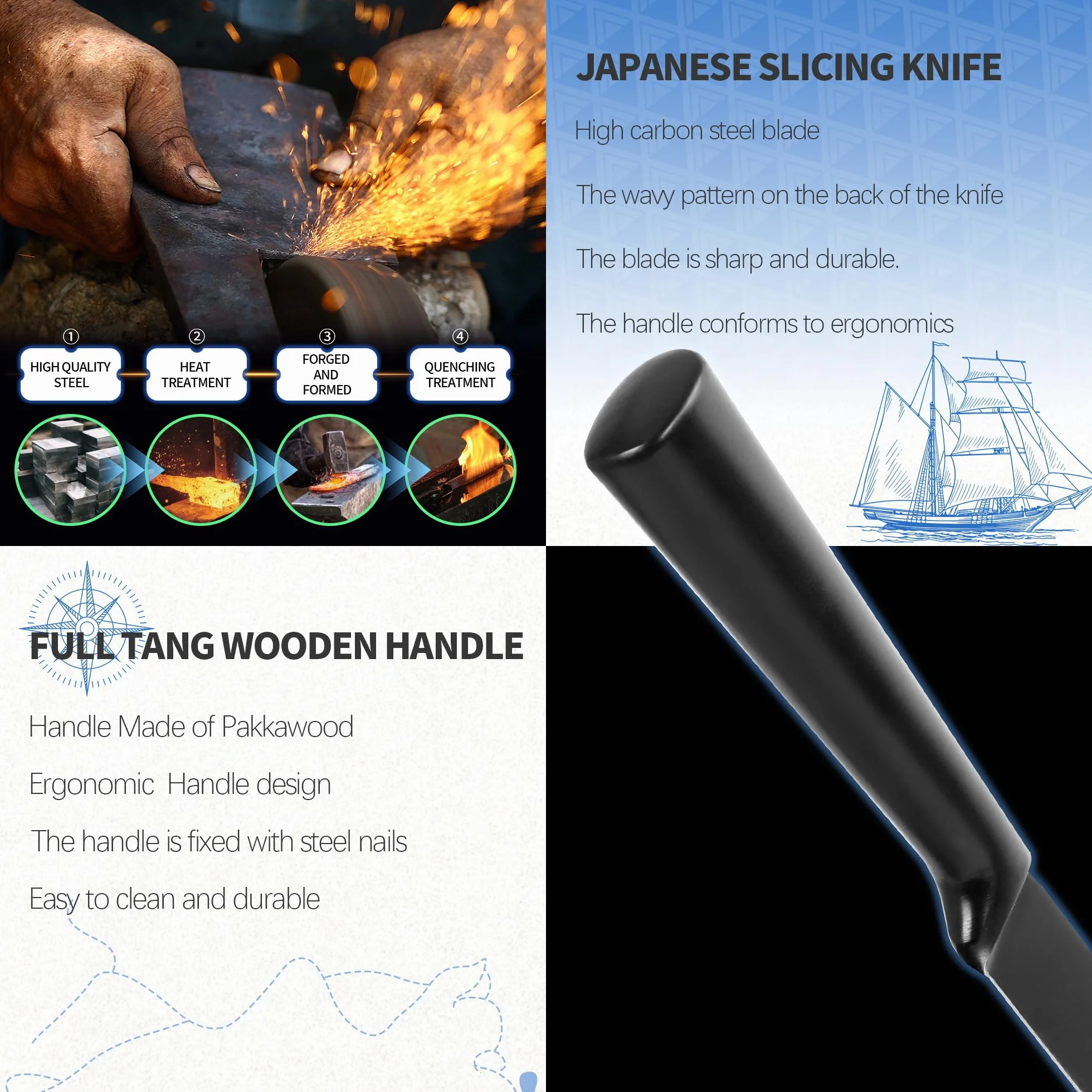 XYJ 8 Inch Professional Kitchen Knife, Full Black Japanese Chef Slicing Knife, Meat Cleaver, Vegetable Slicer Cutting Knife With Sheath, Edge Guard Protector, Outdoor Camping for Mom Dad