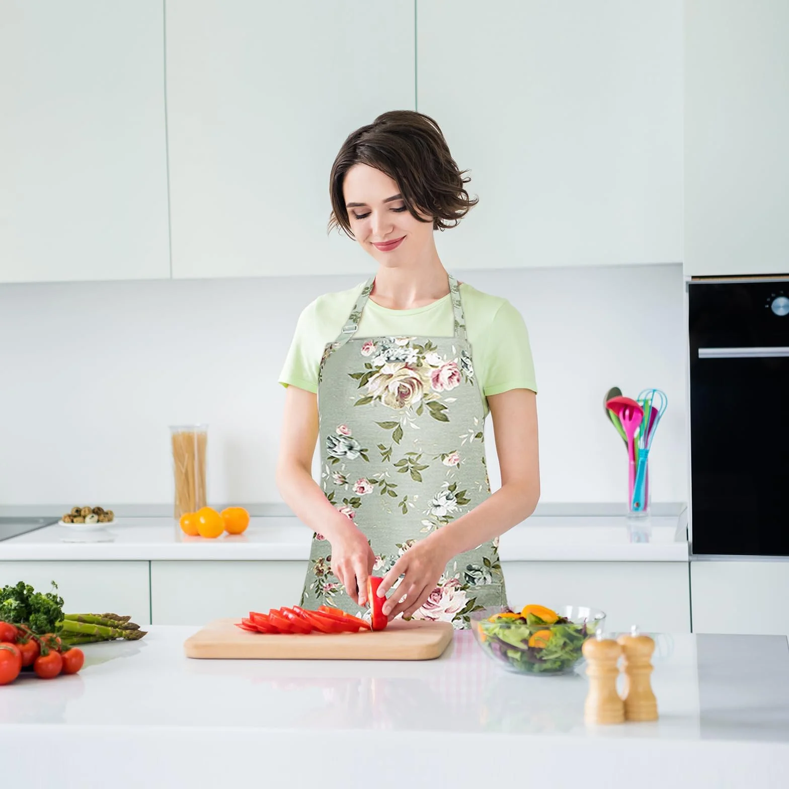 Apron Women bawełniany len, fartuch ogrodowy, z nadrukiem, regulowany fartuch kuchenny, wodoodporny i odporny na olej, fartuch malarski dla dorosłych, do kuchni, jadalni, ogrodu, kawiarni