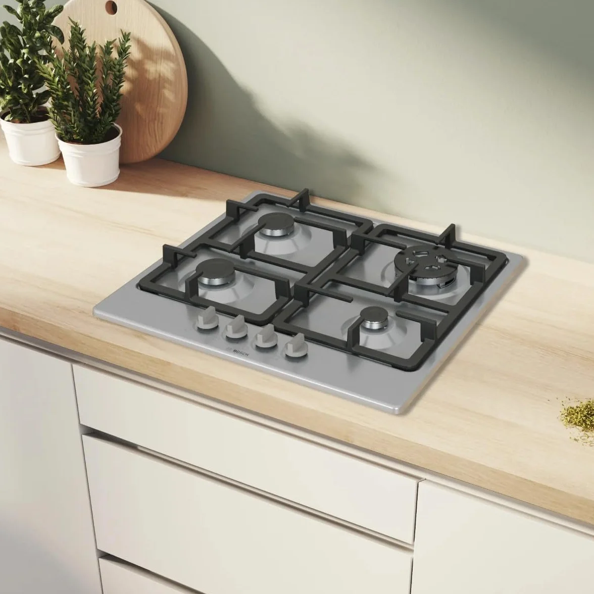 Bosch PGH6B5K90 seria 4 płyta gazowa, palnik Wok: moc do 3,3 kW, żeliwne ruszty, stal, 60 cm, 3 strefy + Wok, stal nierdzewna | Kuchenka gazowa z precyzyjną kontrolą płomienia, ruszty żeliwne nadają się do mycia w zmywarce, wyprodukowano w Europie