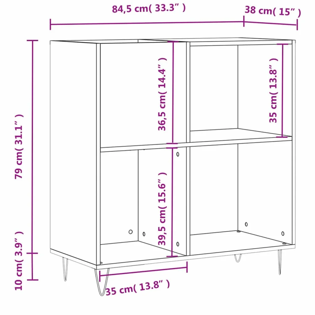 Szafa panelowa z dębu wędzonego, materiał drewnopochodny, 84,5 x 38 x 89 cm, z żelaznymi nogami, miejsce do przechowywania winylu, płyt gramofonowych i szafki na media, nadaje się jako stojak