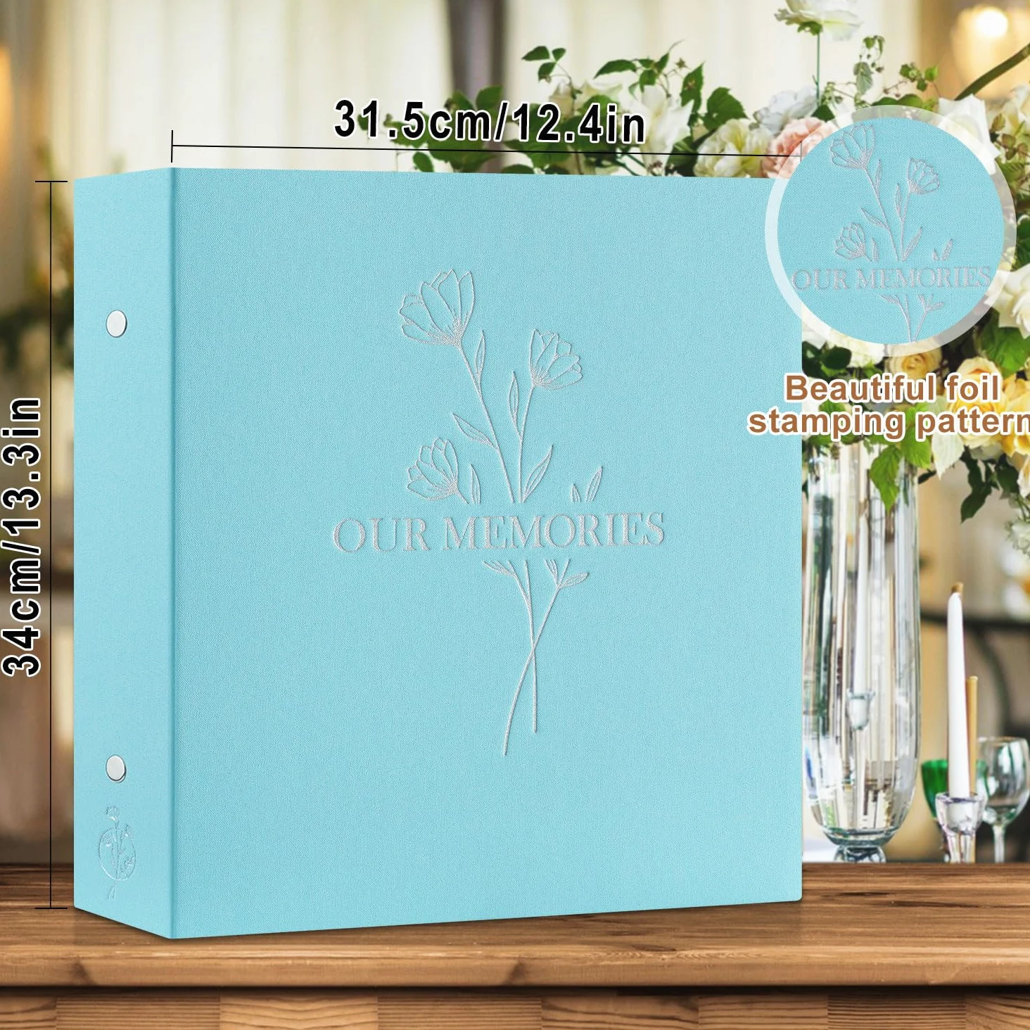 Lanpn Album na zdjęcia, lniany, „OUR MEMORIES”, rozmiar XL, 1000 kieszeni, pomieści zdjęcia poziome i portretowe w rozmiarze 10 x 15 cm, niebiesko-zielonkawy