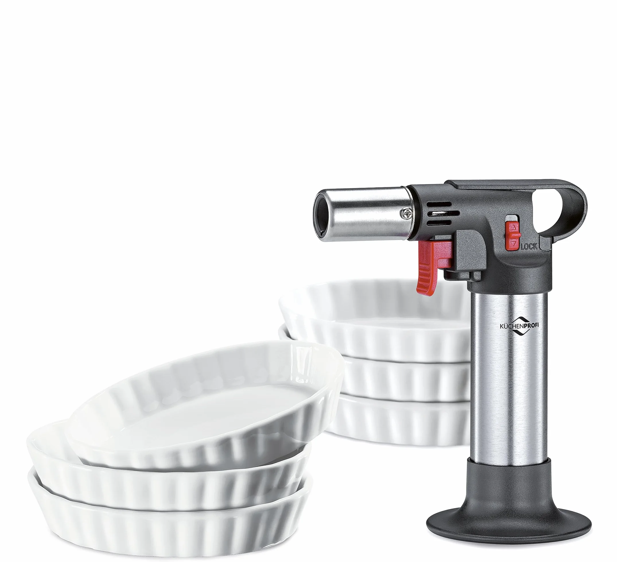 Küchenprofi Crème Brûlée zestaw Deluxe 7-częściowy | 1 x palnik do flambirowania | 6 x miseczka z twardej porcelany (85 ml) | nadaje się do piekarnika i kuchenki mikrofalowej | Creme Brulee zestaw z