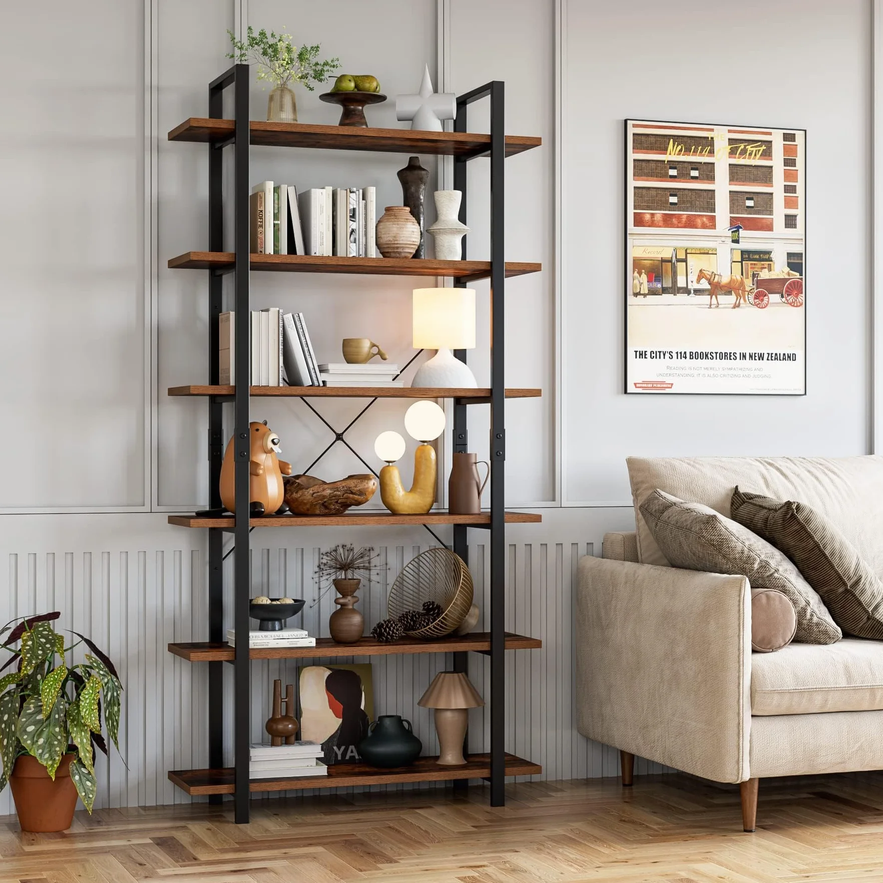 FirFurd Regał na książki, stojący regał z 6 poziomami, Regał do salonu, industrialny, Regał do przechowywania, drewna i metalu, 105,2 x 33 x 210,5cm