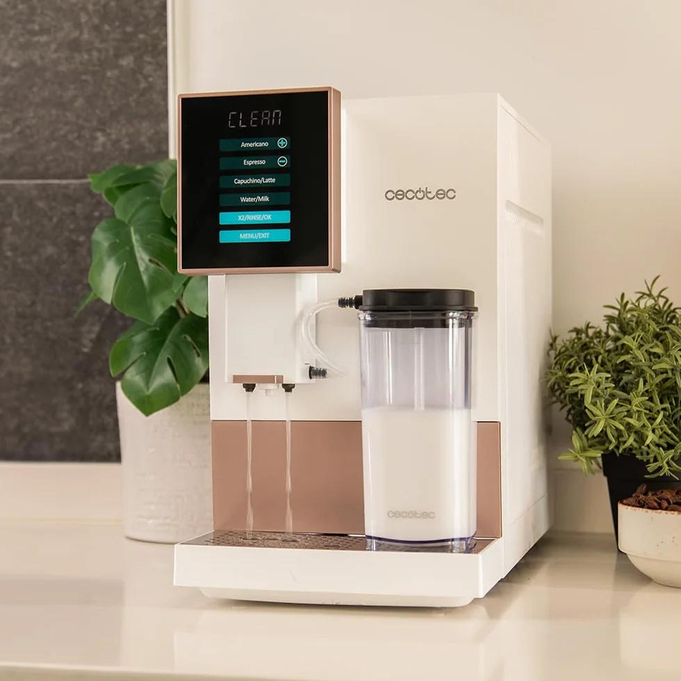 Cecotec Cremmaet Compactccino White Rose, Superautomatyczny ekspres do kawy, 19 barów, system Thermoblock, świeżo zmielone ziarno z Plug&Play, Zbiornik 150 g kawy z młynkiem, 1,1 l wody, 400ml mleka
