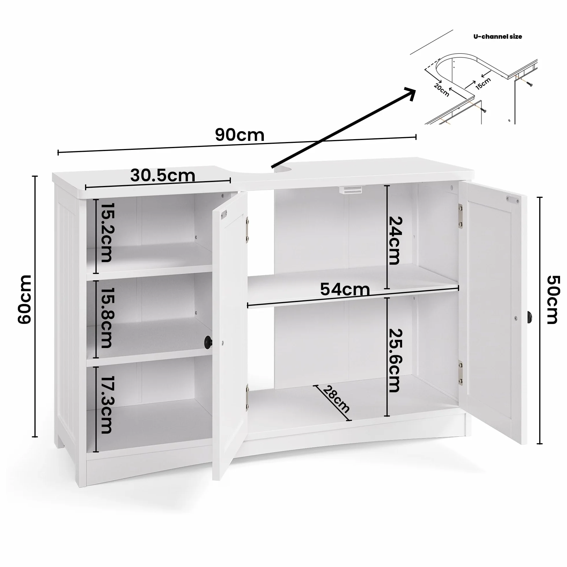 Bealife Szafka pod umywalkę 90x30x60 cm 2 drzwi 5 półek regulacja wysokości zamknięcie magnetyczne