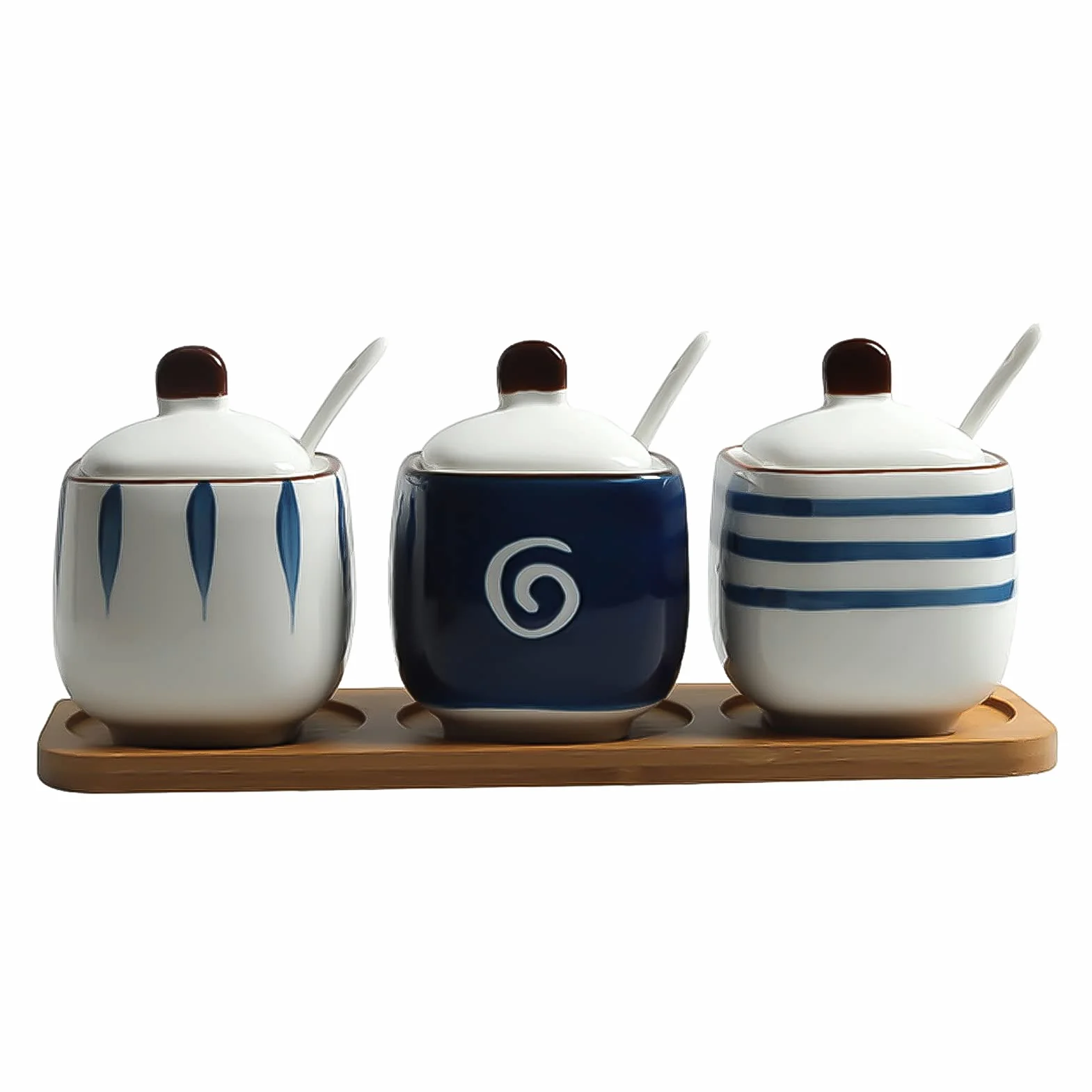 Zestaw 3 ceramicznych pojemników na przyprawy z łyżeczkami i pokrywkami, do przechowywania pieprzu, cukru, soli przypraw – 2 sztuki(3 Pieces.)