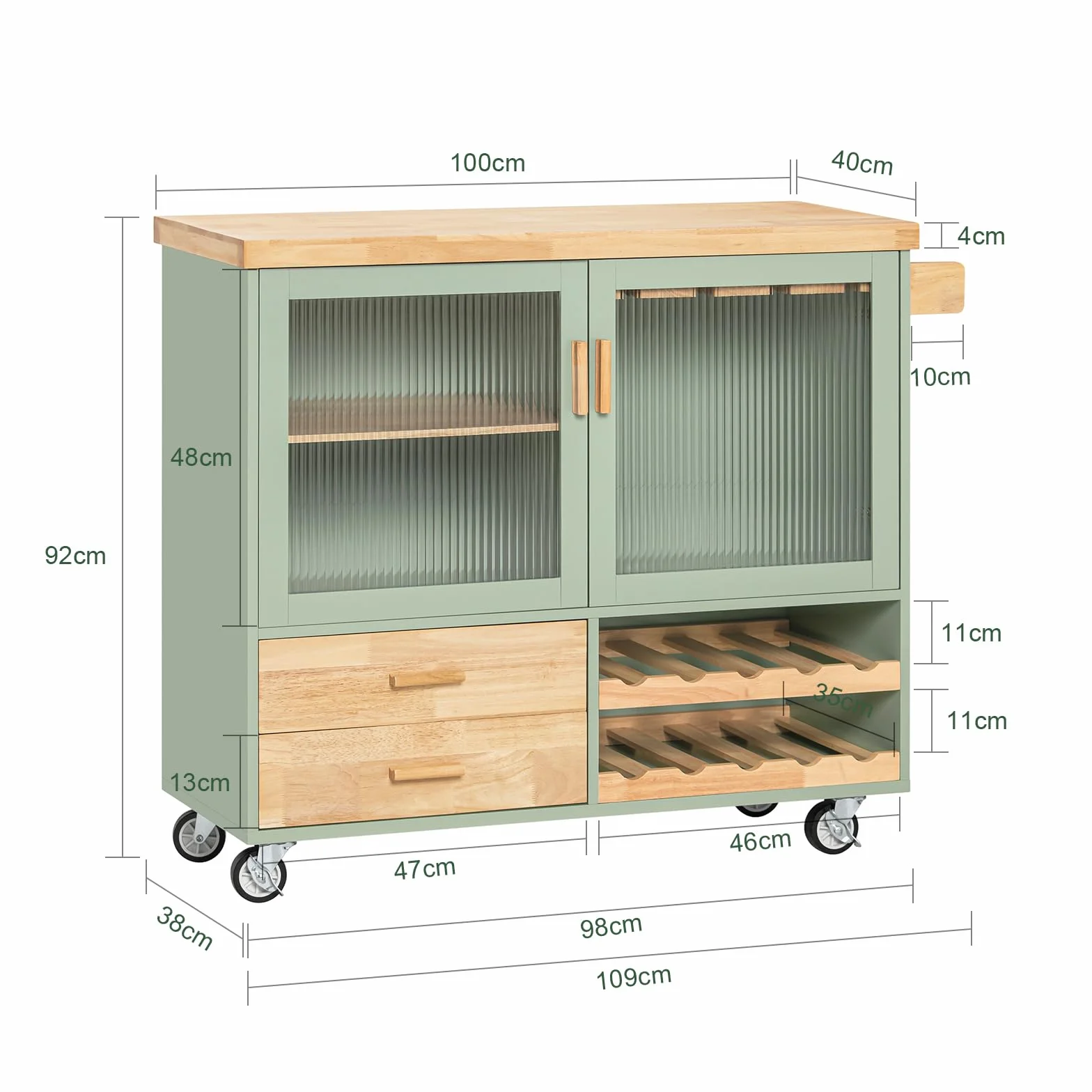 SoBuy FKW114-GR Zielona Szafka Kuchenna Kredens Kuchni Wózek kuchenny na Kółkach Jadalni 109 x 40 x 92cm