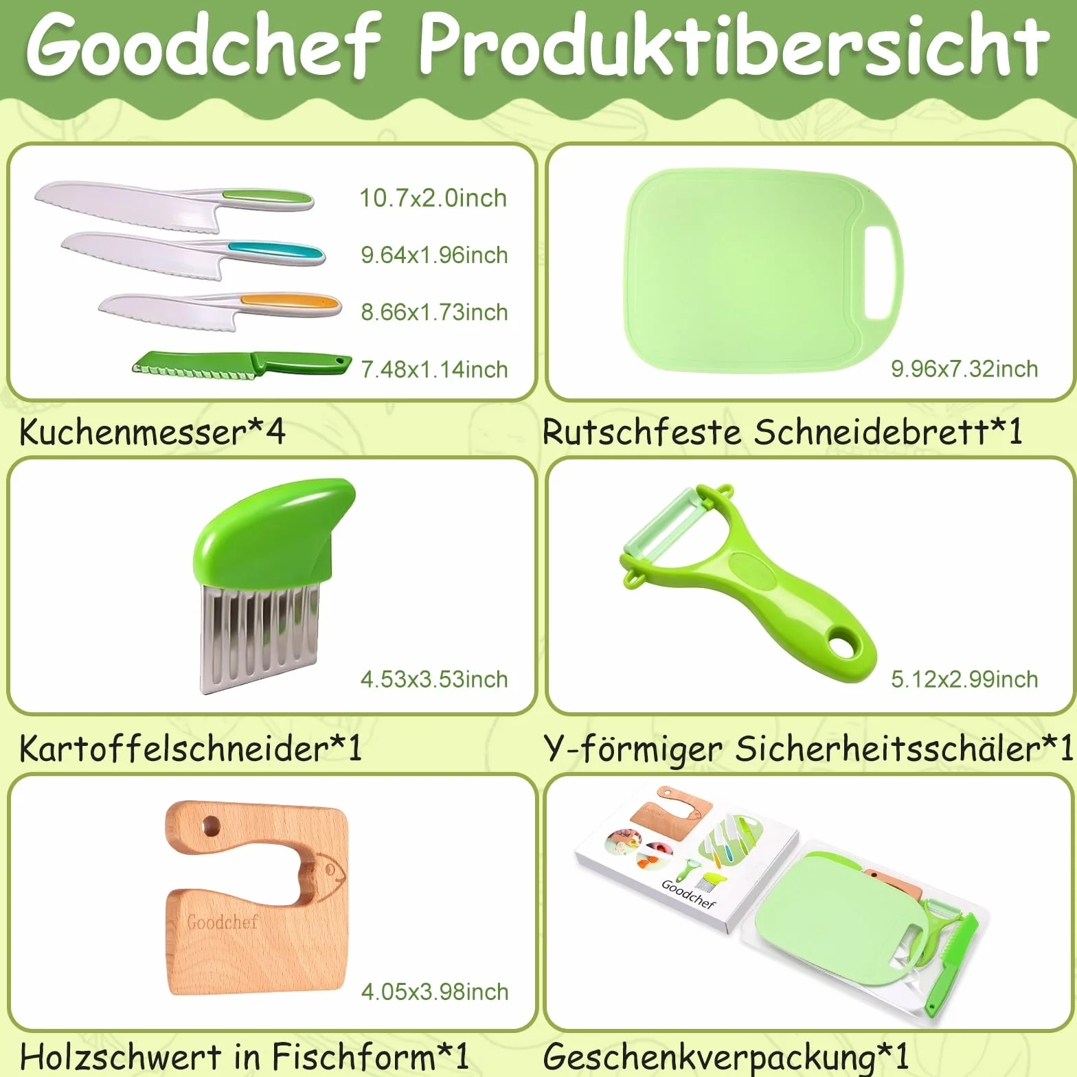 Goodchef - Montessori zestaw noży dziecięcych, 8-częściowy zestaw noży drewnianych, noże dla dzieci od 2 lat, nie zawierają BPA, bezpieczny nóż do nauki, narzędzie tnące, zestaw do gotowania dla