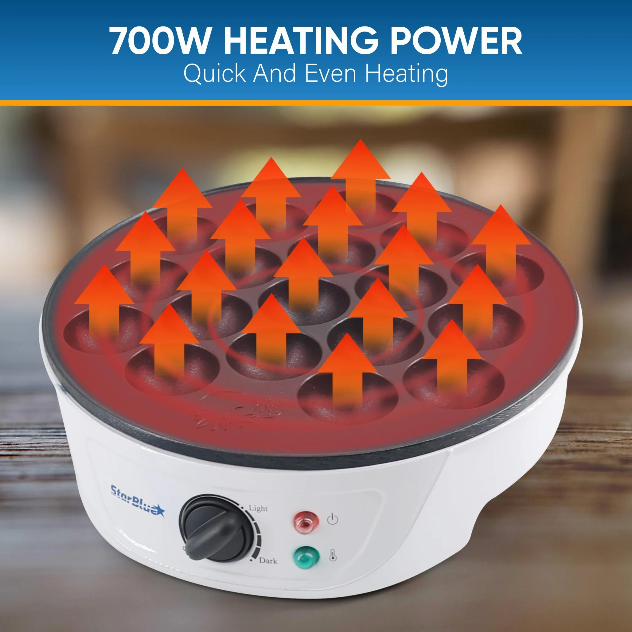 StarBlue Takoyaki Maker Machine z darmowymi kostkami Takoyaki, regulacja temperatury, 18 otworów, elektryczna patelnia do japońskich kulek ośmiornicy, 220 V, 60 Hz, 700 W, wtyczka brytyjska z