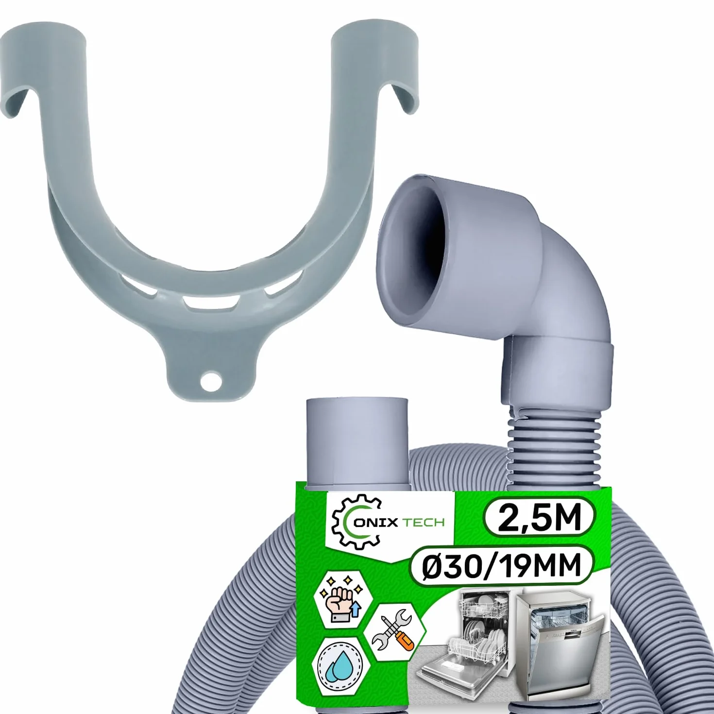Rura odpływowa do zmywarki 2,5 m Ø 30/19 mm prosta i kątowa z oryginalnym kodem 49052655 dla Candy 481281718685 do Whirlpool - 5 lat - ONIX TECH