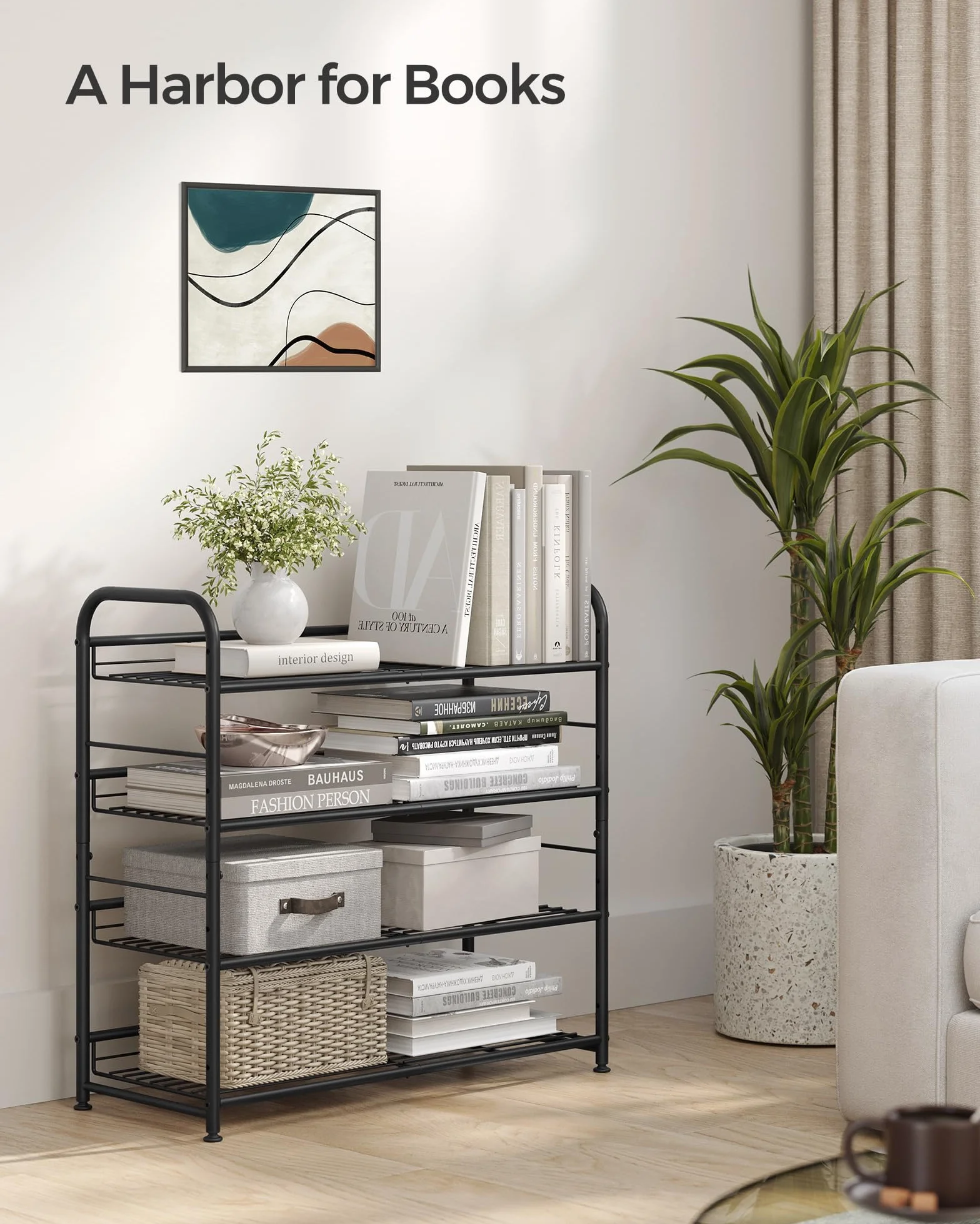 SONGMICS 4-poziomowa szafka na buty do układania w stosy, do 16 par, metalowa, 68,5 x 27,5 x 65 cm, na wysokie obcasy, trampki, kapcie, wejście, czarny LMR067B01