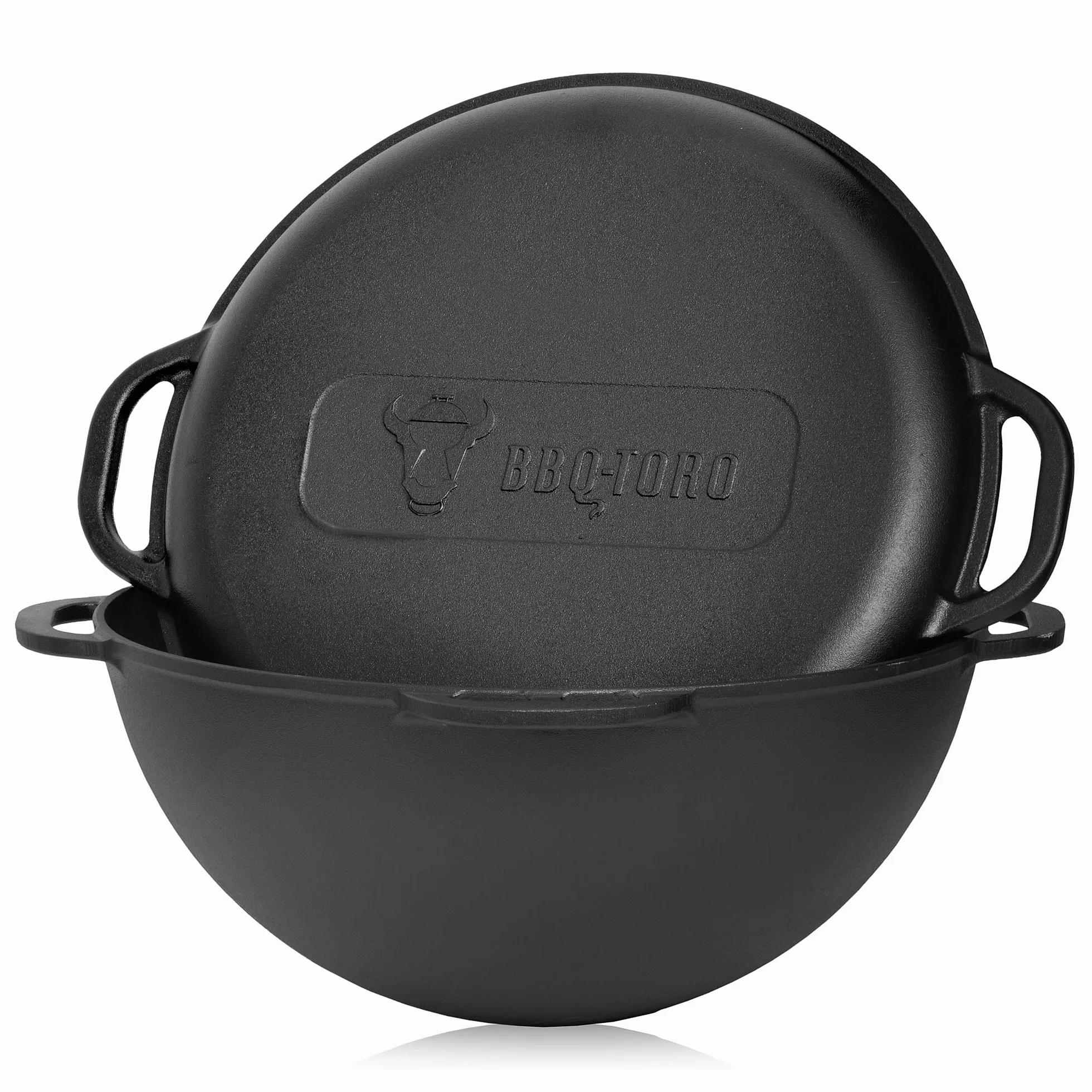 BBQ-Toro Żeliwny kazan z pokrywką | 16 litrów | tradycyjny garnek żeliwny | Kazań z okrągłym dnem | Wok do grilla wstępnie wypalony | garnek do duszenia do gotowania, duszenia, smażenia, smażenia