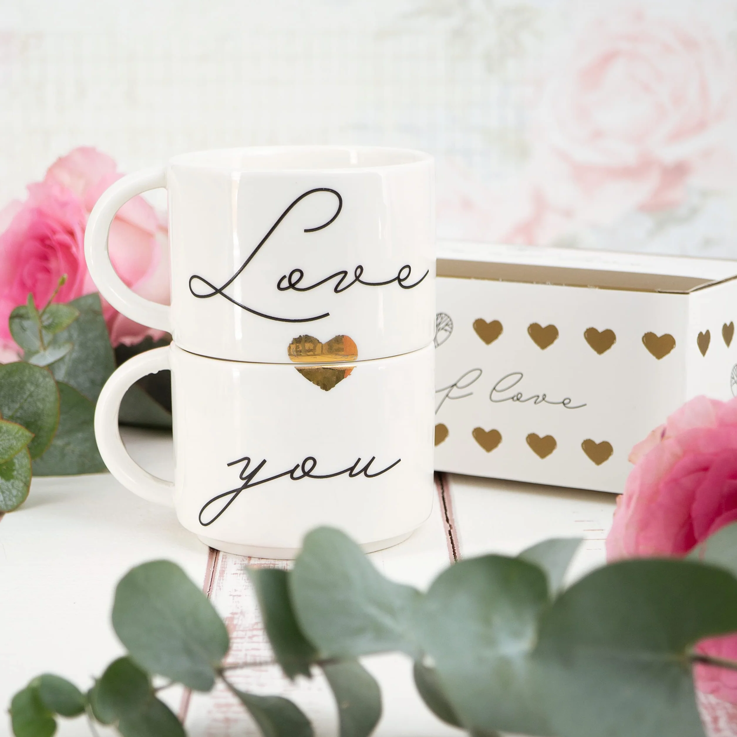 WeddingTree Filiżanki ślubne z motywem "Love You", zestaw 2 kubków dla pary, prezent ślubny, prezent ślubny, kubek dla pary młodej